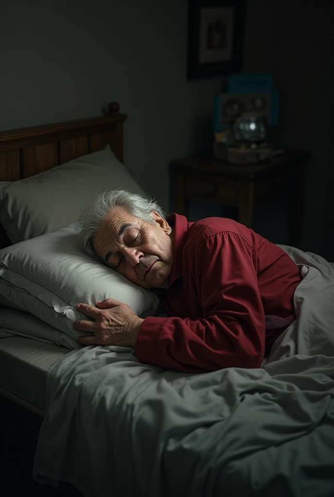 One picture is sleeping on the bed wearing a red shirt and I was old