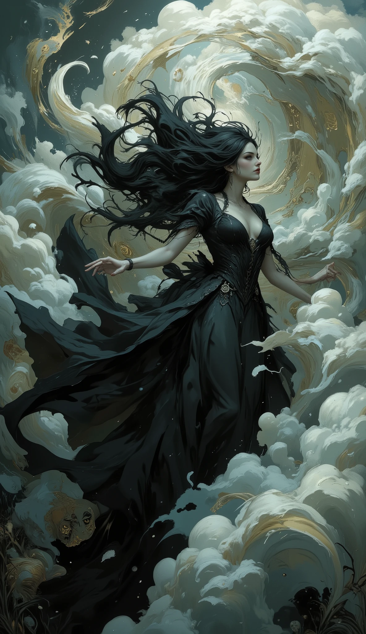 A beautiful gothic woman,  Movements have been corrected , Practice is cultivation ,   darkness , Runes,  Floating in the clouds