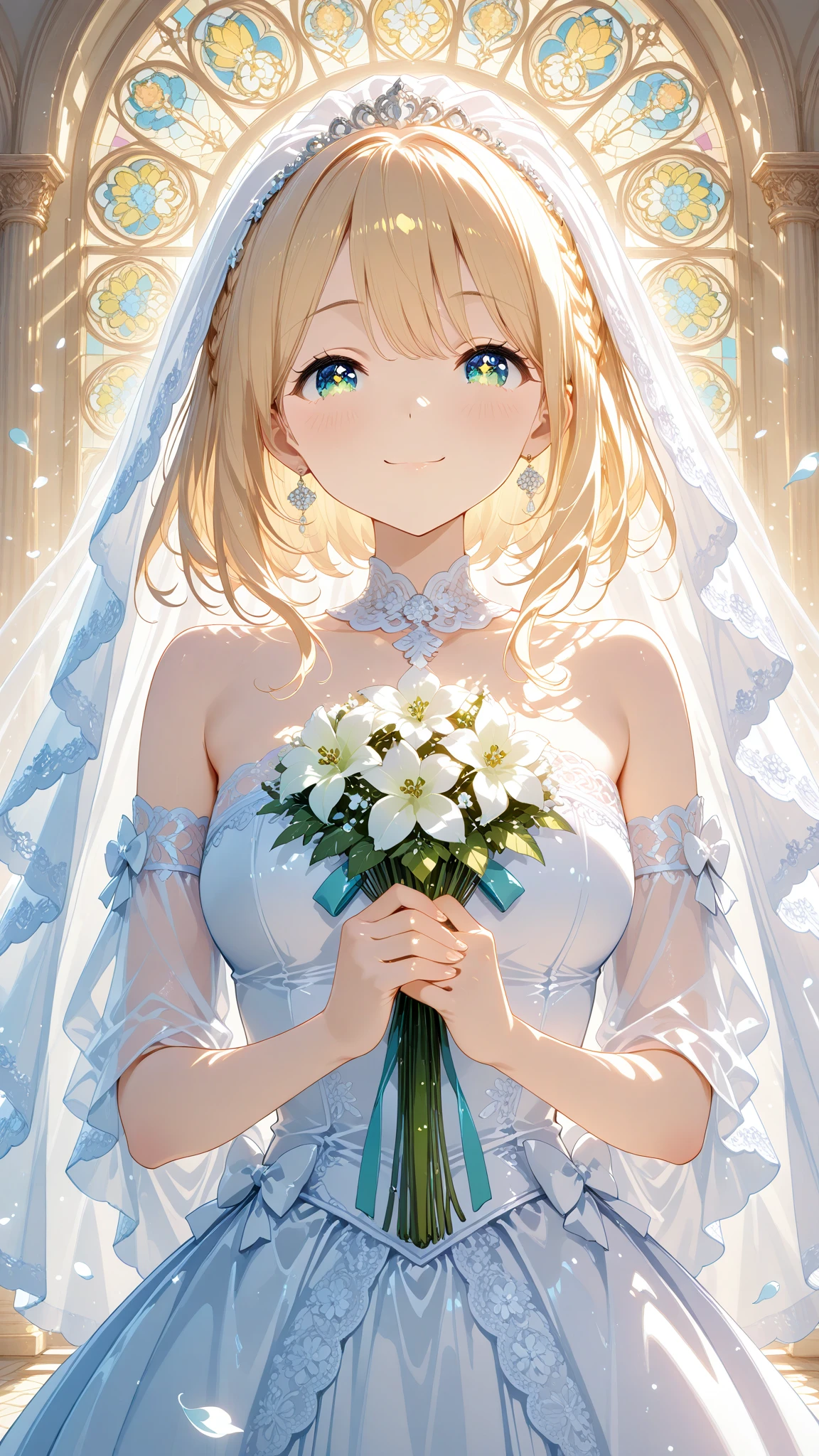 1 girl，KasuganoSora， Sora，white pantyhose，wedding dress，white gray hair，long double ponytail，bridal bouquet，wedding veil，Flower Field