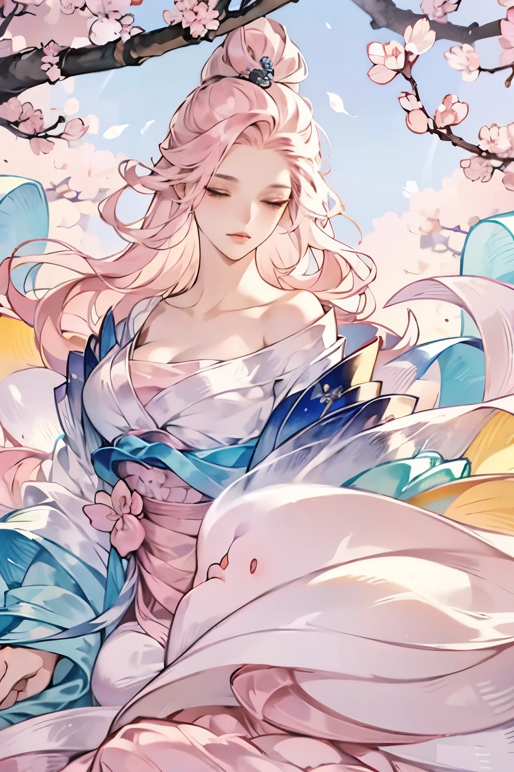 Semi-realistic anime style, 3/4 body images of a girl , antique white dress open large breasts ,upper body of a person beautiful woman with soft wet skin and light pink hair, lower torso transformed into elegant biological tentacles speckled, gently curled on the ground filled with flowers, eyes closed in sleep, brilliant cherry blossom, tranquil peach blossom background, Gentle sunlight, high detailed anatomy,Ancient dress