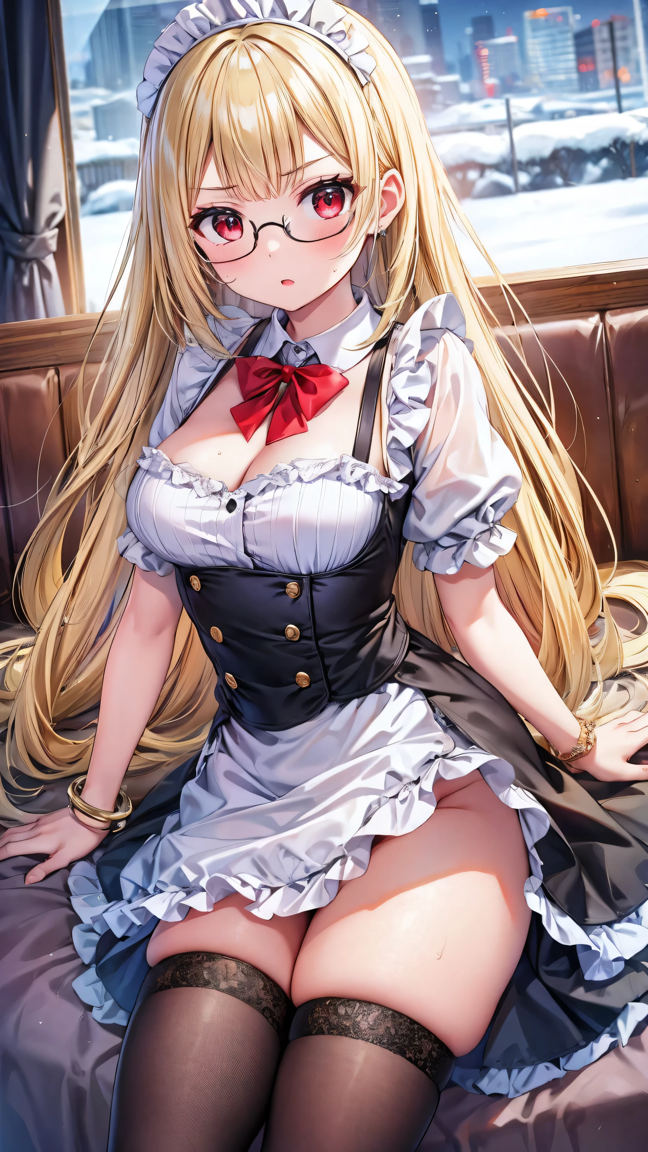 Adult Woman,  Witch Cosplay, Long dark blonde wavy hair、off-shoulder knit, (darkblue pleated skirt), Medium milk, Blushing, Shy laughter,  shoulders、(Poses that emphasize )、 、red lace brassiere、Red lace panties、Black High Heels、Luxurious magic wand and book、Lying on the sofa in the castle、  pose、((Open knees、opens legs))、((embarassed expression))