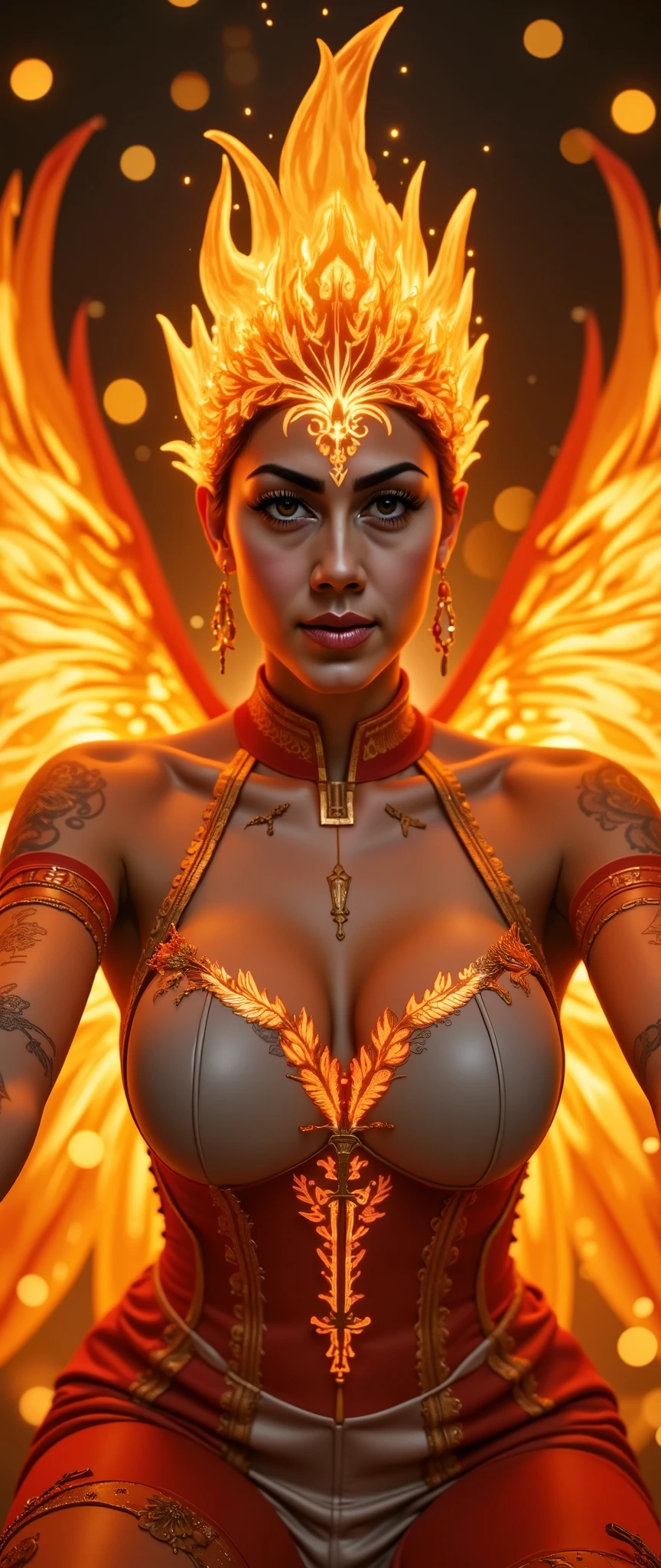 Potrait close up half body of a woman with a red bird on her head and wings, phoenix rising from the ashes, phoenix rising, phoenix-inspired, she has the head of a phoenix, phoenix in light orange fire, with fiery orange wings, with fiery golden wings of flame, glowing in the dark, artwork of a phoenix, phoenix warrior, the phoenix, ''wallpaper of a phoenix under the Eiffel tower paris , the solarpunk phoenix, phoenix