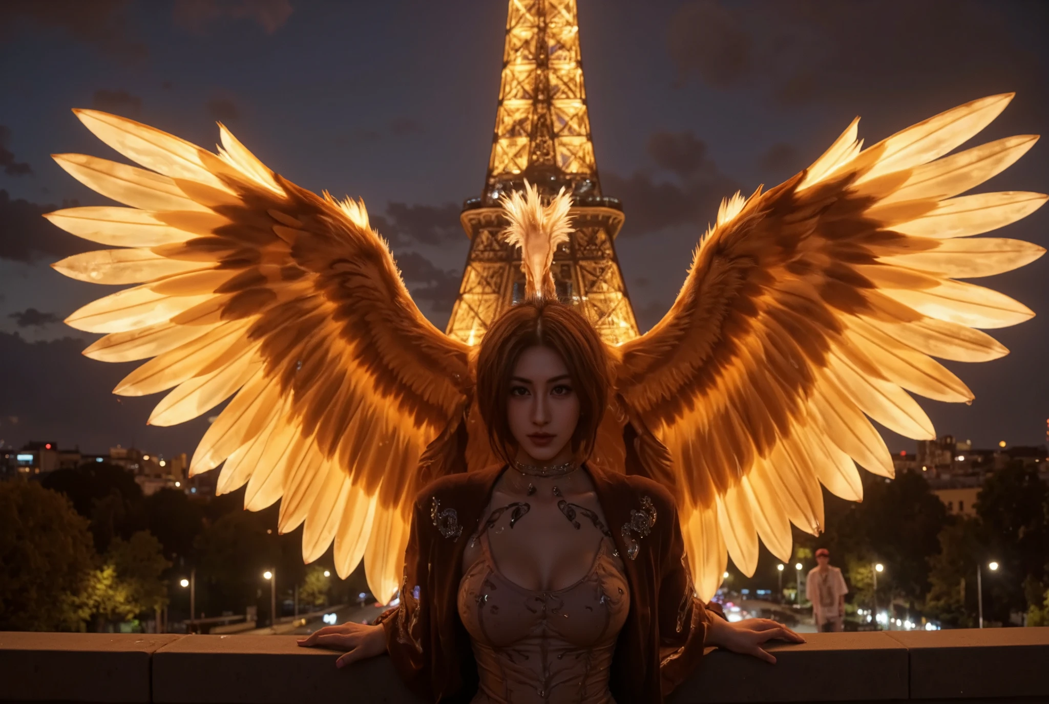 Potrait lower photoshot half body of a woman with a red bird on her head and wings, phoenix rising from the ashes, phoenix rising, phoenix-inspired, she has the head of a phoenix, phoenix in light orange fire, with fiery orange wings, with fiery golden wings of flame, glowing in the dark, artwork of a phoenix, phoenix warrior, the phoenix, ''wallpaper of a phoenix under the Eiffel tower paris , the solarpunk phoenix, phoenix