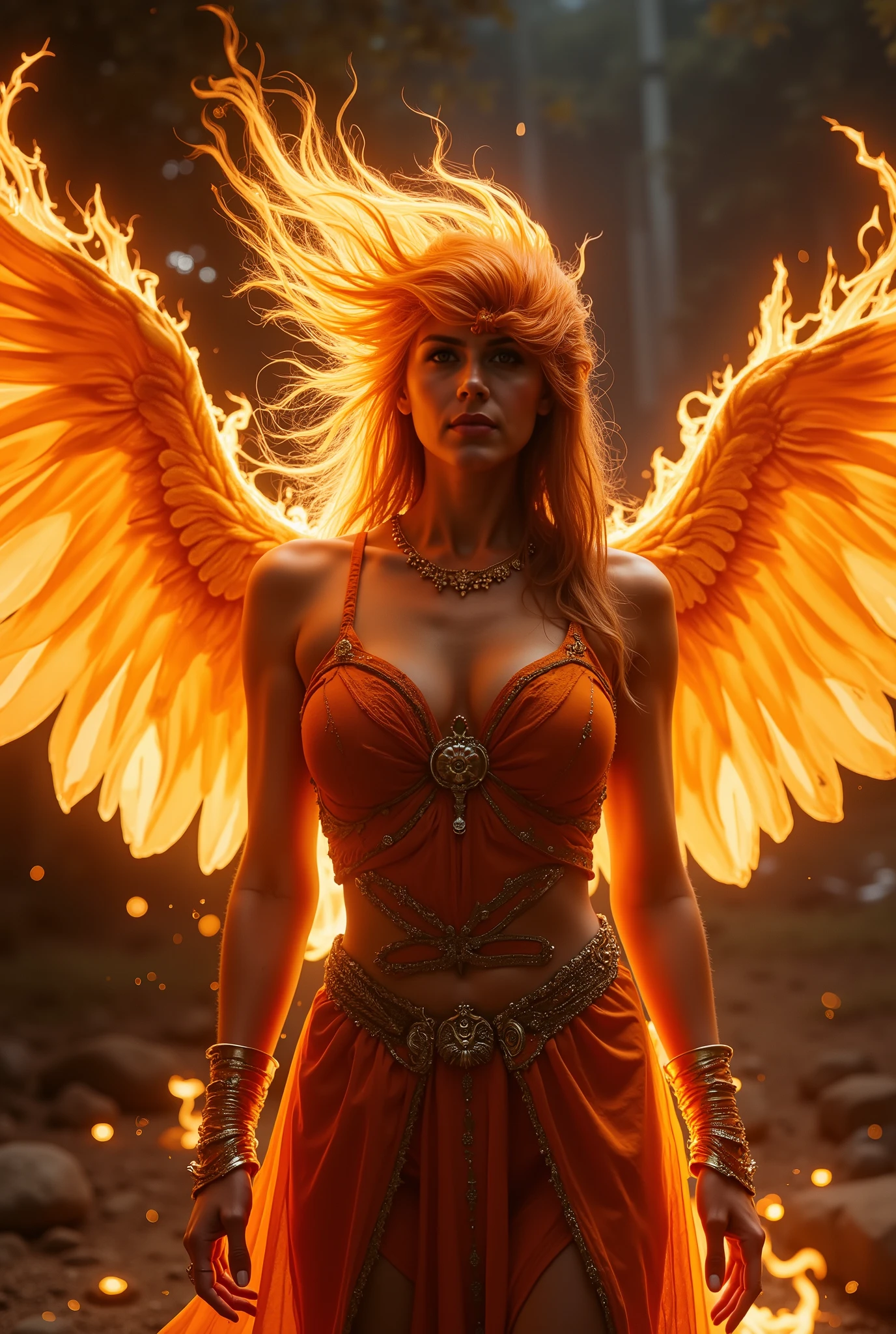 Potrait close up half body of a woman with a red bird on her head and wings, phoenix rising from the ashes, phoenix rising, phoenix-inspired, she has the head of a phoenix, phoenix in light orange fire, with fiery orange wings, with fiery golden wings of flame, glowing in the dark, artwork of a phoenix, phoenix warrior, the phoenix, ''wallpaper of a phoenix under the Eiffel tower paris , the solarpunk phoenix, phoenix