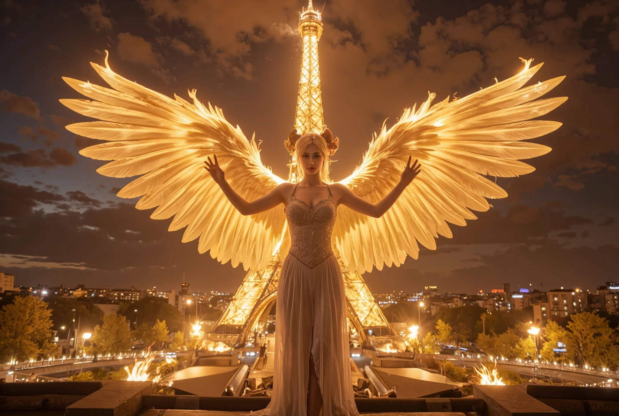 a woman with a red bird on her head and wings, phoenix rising from the ashes, phoenix rising, phoenix-inspired, she has the head of a phoenix, phoenix in fire, with fiery golden wings, with fiery golden wings of flame, glowing in the dark, artwork of a phoenix, phoenix warrior, the phoenix, ''wallpaper of a phoenix under the Eiffel tower paris , the solarpunk phoenix, phoenix