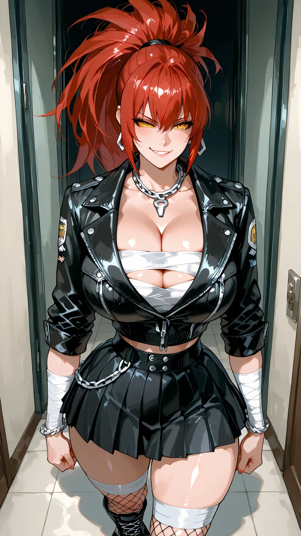 solo, LNHDRNKOF, red hair, big hair, long hair, ponytail, (Eyes twisted by dark corruption, where pupils once were, now only a sickly, solid yellow retina and sclera), indoor, smirk, indoor, evil, corruption, mature woman, Tight waist、Small waist、shiny Skin , , (adult woman, 25+), (upper body), delinquent style fashion: open black sukeban jacket with tiger embroidery revealing bandages wrapped around her ample like she's hiding injuries, ripped fishnet stockings, short pleated skirt, platform combat boots, silver chain accessories, smirking confident expression, super :1.tra thin waist :1.5、