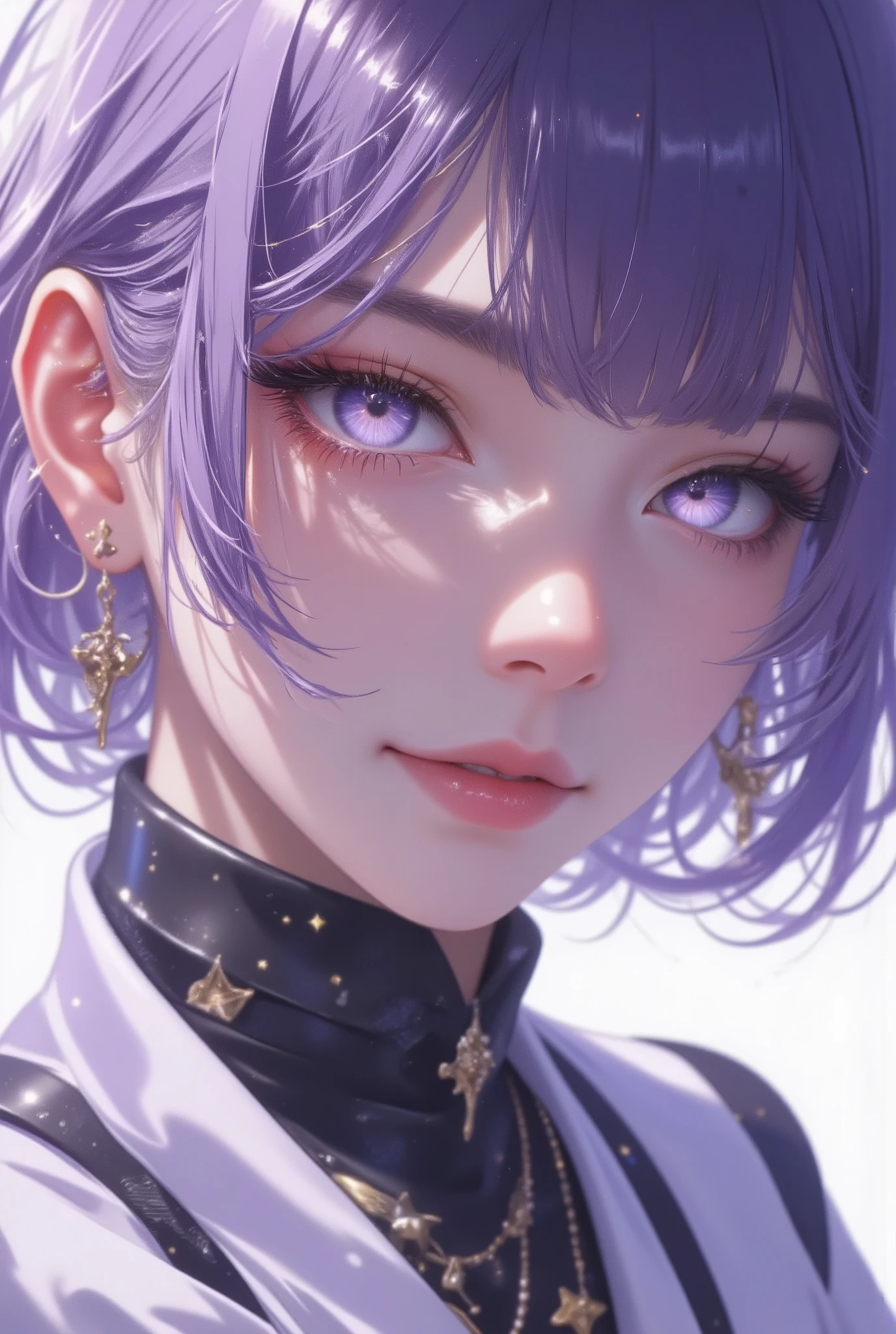 realistic, (1girl:1.5), upper body view, eyes focus, day time, masterpiece, full body view, silent atmosphere, (light backgroud:1.7), strict expression, perfect face, detailed face, short purple hairs, detailed eyes, light purple eyes, eyes with lots of stars, stars in the eyes, hd, hdr, best quality, lots of details, ultra sharp, ultra detailed, colorful, (mesmerizing eyes:1.4), (captivating smile:1.3), perfect proportions:1.3), (radiant complexion:1.3), (alluring gaze:1.3), (feminine charm:1.4), (timeless beauty:1.4), (highly detailed:1.4), (sharp focus:1.3), (soft lighting:1.3), (dreamy atmosphere:1.3), (rich color palette:1.3), (complementary colors:1.2), (8k resolution:1.3), (octane render:1.3), (ray tracing:1.2), (HDR:1.2), (photorealistic:1.4), (masterpiece:1.5), (award-winning:1.4), (trending on Artstation:1.3),(global illumination:1.2), (hyper-detailed skin texture:1.4), (enchanting:1.4), (mesmerizing:1.4), (unforgettable:1.3), (masterpiece), (best quality), (ultra-detailed), very aesthetic, illustration, disheveled hair, perfect composition, moist skin, intricate details, concept art, digital artwork, illustrative, painterly, matte painting, highly detailed