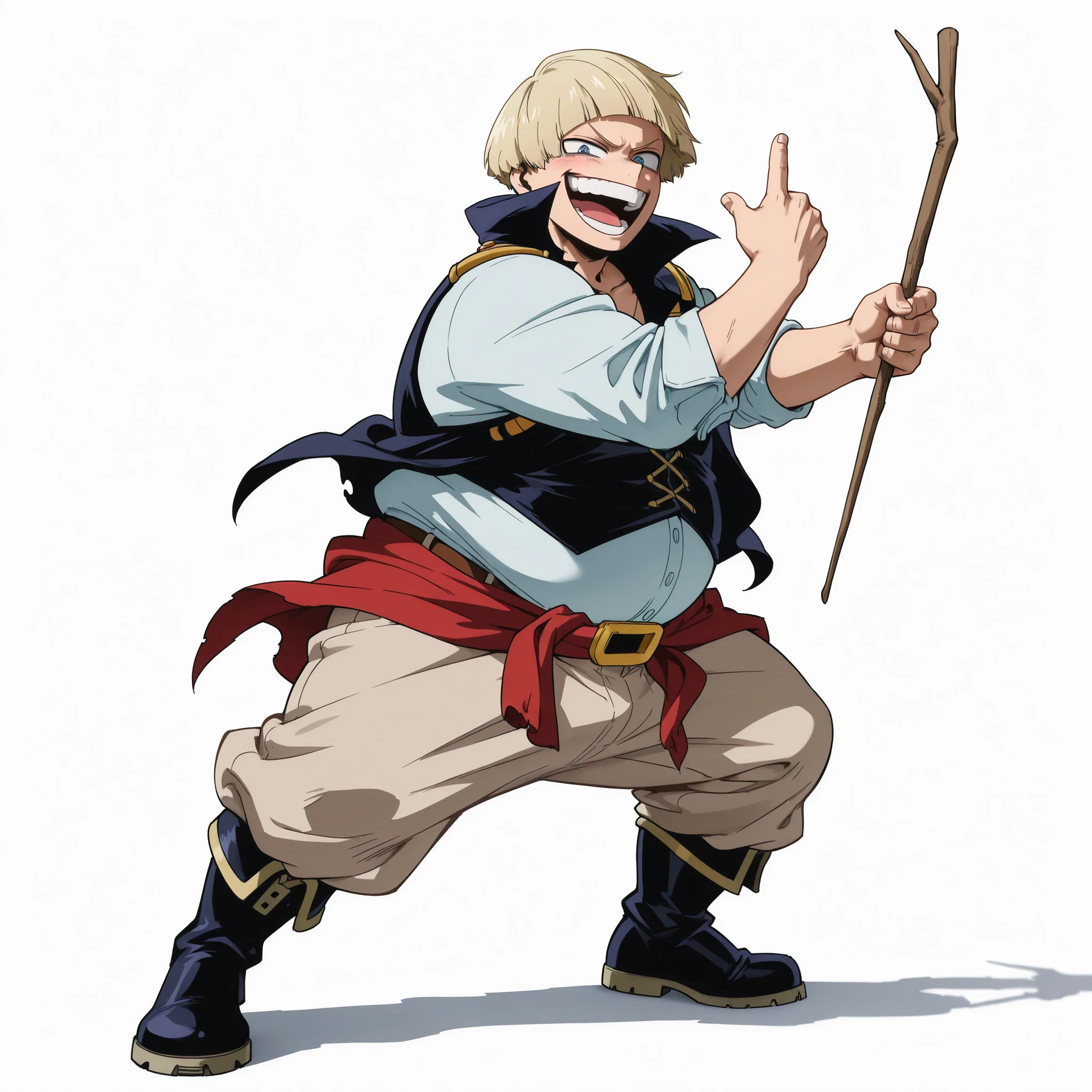 (male), (teen boy), (big body), (fat), (short legs), (blonde hair), (bowl cut hairstyle), (blue eyes), (laughing face), (villain laugh), (villain vibe), (solo), (single character), (full body version), (white background), (no background), (highly detailed), (shadow), (standing pose), (natural light), (detailed outfit), (detailed hand), (detailed face), (detailed hair)  
Wearing a casual crew pirate style, brown loose pants, pirate boots, and holding a stick in one hand. (Boku no Hero academia style art), big ,  on pants