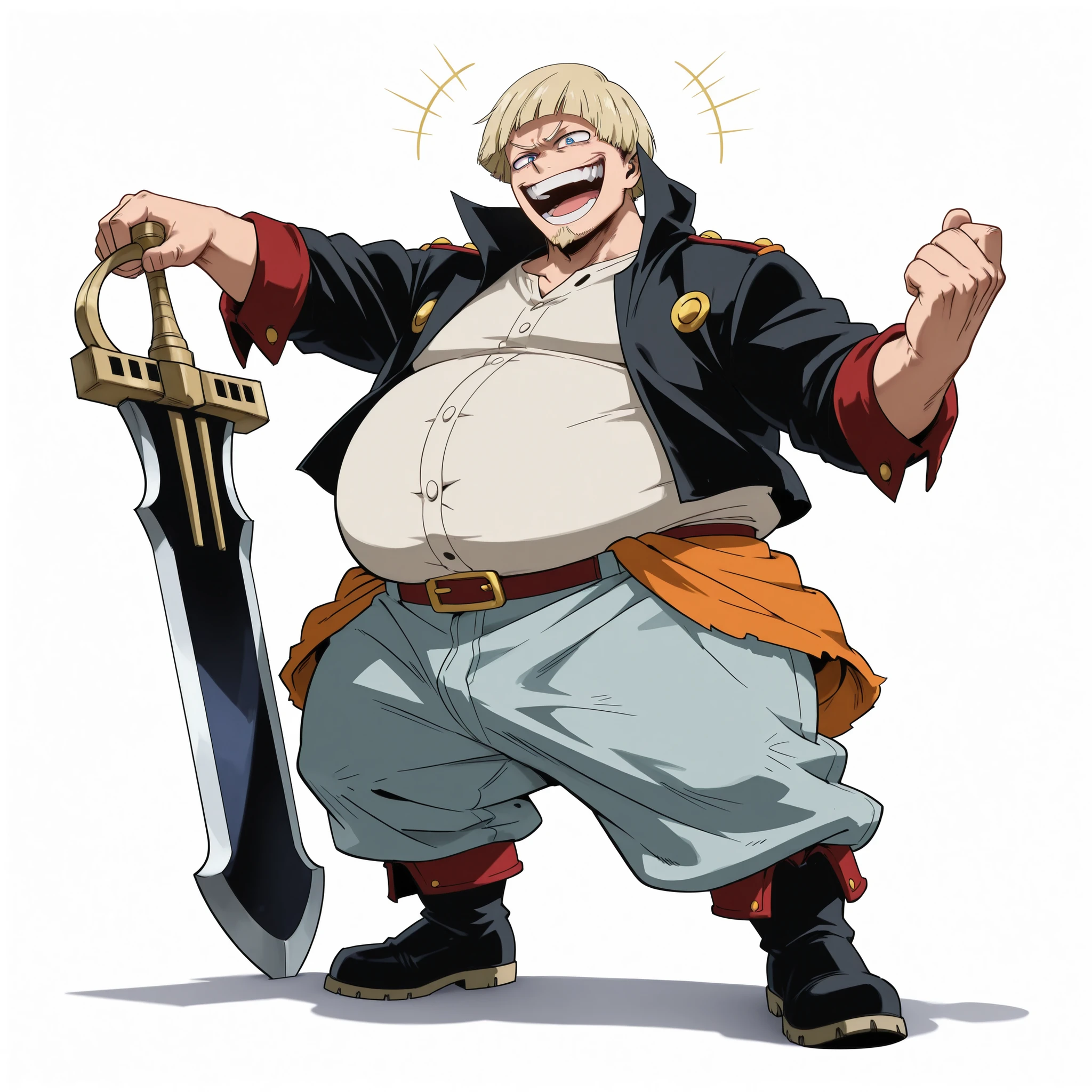 (male), (middle aged man), (big body), (extremely fat), (short legs), (blonde hair), (bowl cut hairstyle, goatee), (blue eyes), (laughing face), (villain laugh), (villain vibe), (solo), (single character), (full body version), (white background), (no background), (highly detailed), (shadow), (standing pose), (natural light), (detailed outfit), (detailed hand), (detailed face), (detailed hair)  
Wearing a black pirate jacket with casual crew pirate style, loose pants, pirate boots, and holding a pirate sword in one hand. (Boku no Hero academia style art), big ,  on pants