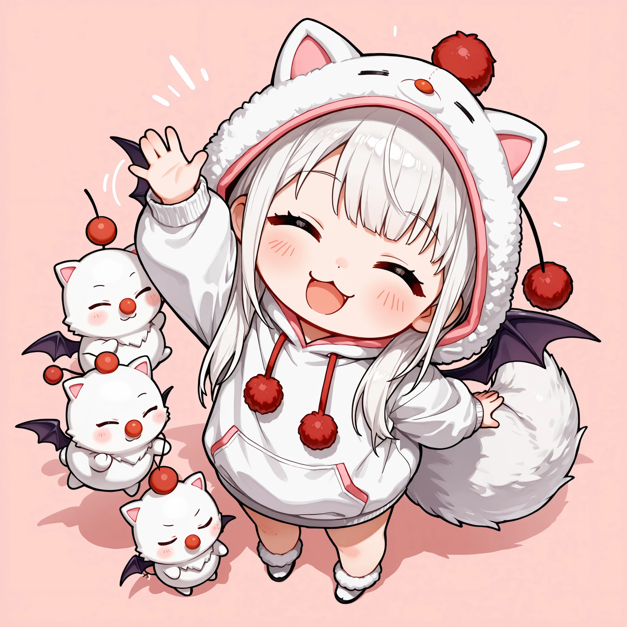 (masterpiece), (best quality), chibi, stylized, around 2.5 to 3 heads tall, small body, proportionally big head, official art style, thick outlines, clean lines, vibrant colors, cute, expressive,
1 (chibi girl),(solo),white hair,long hair,straight hair,baby face,cute,kawaii,white fox tail,Thighs,
(:3),open mouth-wide,facing ahead,(closed eyes:1.2),look at viewer,smile,blush,BREAK
chibi character wearing a cute white moogle hoodie, soft fluffy texture, small red pom-pom on top of the hood, tiny bat wings on the back, round ears, pink inner ear details, moogle-style feet, gentle and adorable design, fantasy-inspired, cute expression,hood up,
dynamic pose,standing,arm up,waving,head tilt,
simple background,
full body,black outline,bold,from above,