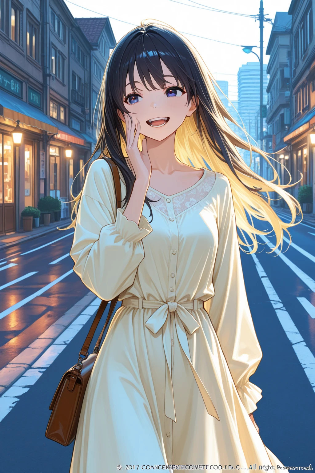 ((1 Girl)), Latest Trends in Clothing,hydrangea,rain, soaked,cute,Wet clothes, Light-colored clothing, smile, Light purple and white outfit, Long skirt, Street fashion,Cowboy Shot,((Very detailed,Highest quality, High resolution, 8k wallpaper, Beautiful clothes,)),((Dark purple hair, Long Hair,Straight hair)) ,(Glowing green eyes),eye shadow, eyeliner,Glowing Eyes, Very detailed目, (Beautiful eyes with highlights), 18-year-old girl.