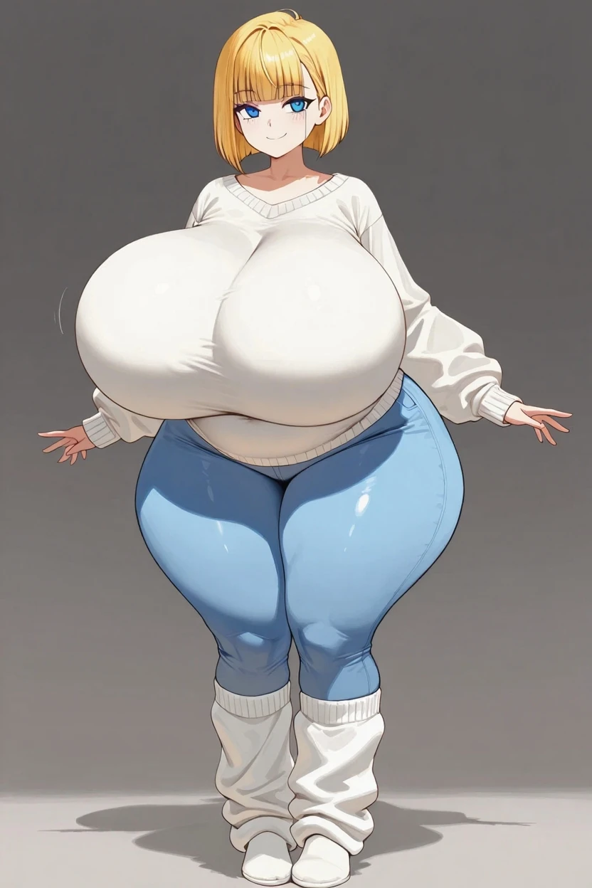 masterpiece, best quality, 8k, anime, 1girl,solo, fully clothed, front facing, (:1.2), outdoors, in front of a house at dawn, white sweater, sleeveless sweater, bronw hair, blue eyes, denim pants,straight hair, hair bun,(embarrassed:1.2), standing, (tall:1.2), (tall girl:1.2), (gigantic :1.2), (gigantic thighs:1.2)