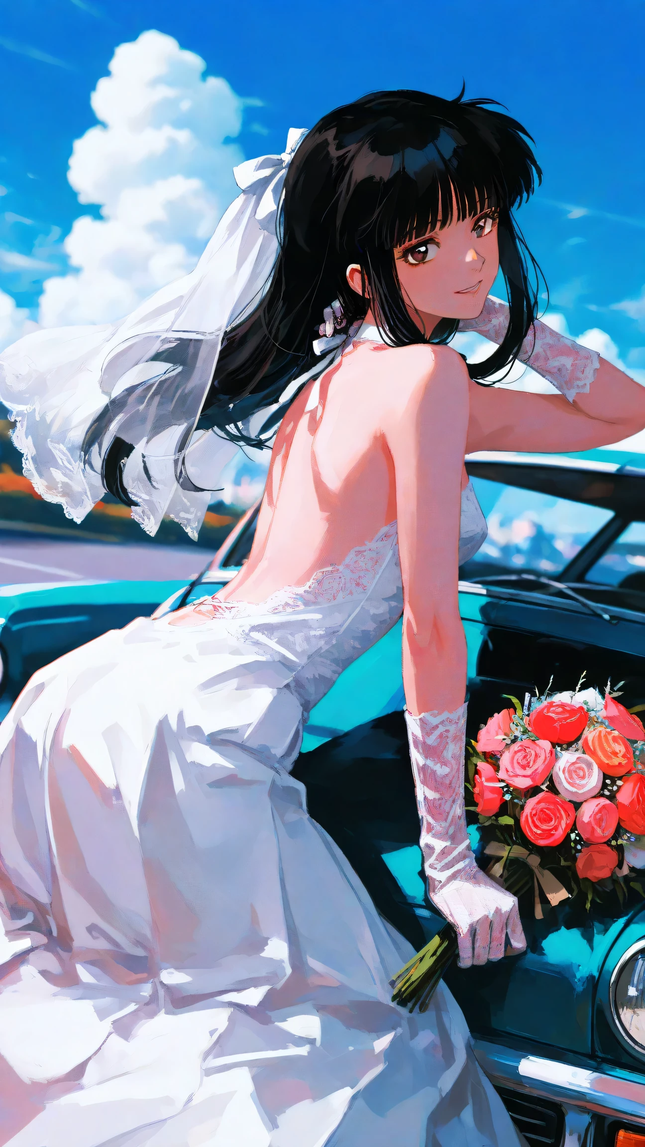 masterpiece, best quality, soft, extremely high resolution, aesthetic, newest, high contrast:1.3,photorealistic:1.3,no_lineart,HDR,(flat color:0.8),depth of field,blurry background,dynamic angle,scenery,vintage photograph,high-key lighting, surreal, simple background, clear background,extremely blurred background,compressed perspective,bokeh,colorful,sharp details,vibrant colors,extremely detailed,detailed eyes, score_9, score_8_up, score_7_up, score_6_up, score_5_up,souce anime, masterpiece,best quality,high quality,high score,great score,absurdres,,simple background,,slender frame,delicate frame, 1girl, solo, kikyou, long hair, black hair, brown eyes, sidelocks, hair ribbon, blunt bangs, smile ,sky,cloud,blue sky,cumulonimbus cloud,colorful sky, wedding_dress,backless_dress,bride veil,lace dress,retro car,road,sky,smile,,day,,,gloves,holding a bouquet of flowers,lace gloves,look faraway,hand adjusting hair,parted_lips,sit on car, 1990s (style),retro_artstyle,