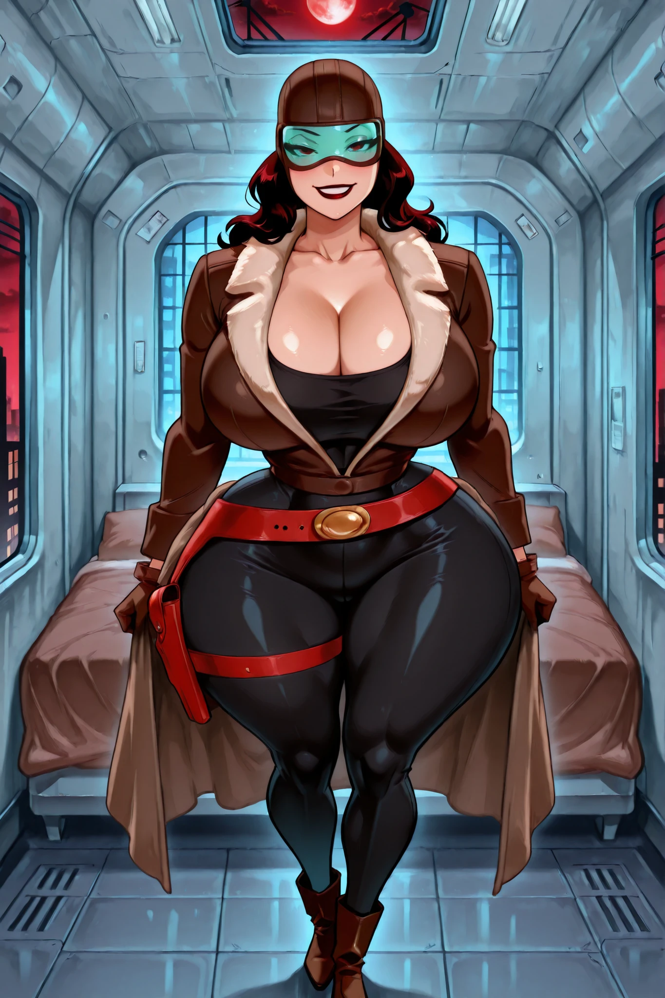 Score_9, score_8_up, score_7_up, score_6_up, score_5_up, score_4_up, BREAK, ((24k, insane details, insane resolution, insane detailed background, beautiful detailed eyes, beautiful detailed face, beautiful detailed hands, beautiful Detailed feet, Ultra Masterpiece, ultra quality, S4s4k1, BREAK RS0TXTANE, 1girl, solo, dark red hair, long hair, brown aviator cap, turquoise-tinted goggles, dark red lipstick, brown aviator jacket with white fur collar, jacket, black tank top, black pants, belt, holster, brown gloves, brown boots.((Huge , huge , huge asscheeks, huge thighs, huge , 8 pack, abs, voluptuous Venus body, Venus body, cleavage,)), ((looking at viewer,   grin, in love, blush, full body view, front view, standing up, BREAK at night, inside red-black air hanger, red-black jet in hangar, red-black metal walls, red-black-metal floor, standing next to massive red-black rocket shaped bed, brown blankets on rocket bed, brown pillows on rocket bed, at night, red-black gothic city outside window, red-black full moon outside tent window,)),
