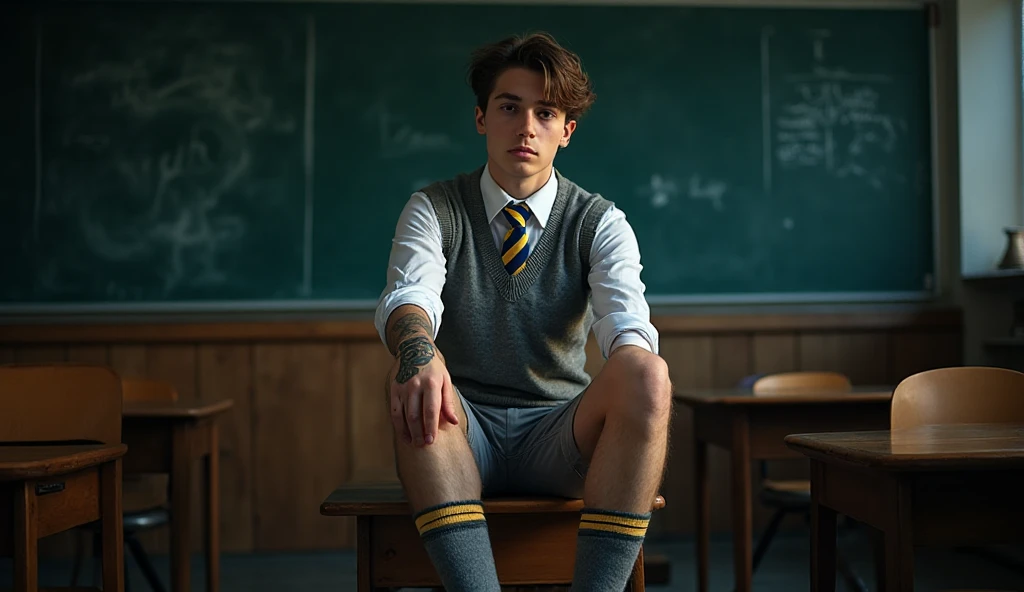 A beautiful, twinkling, cute male young man with dark circles under his eyes. He has black hair and a face with make-up. He is wearing a long-sleeved aquamarine shirt. He is in his office, sitting on a study desk with his legs raised on a chair, reading a huge book. Behind him is a blackboard with calculus written on it.  Integration and mathematical equations, and radiating neon energy comes out of the blackboard