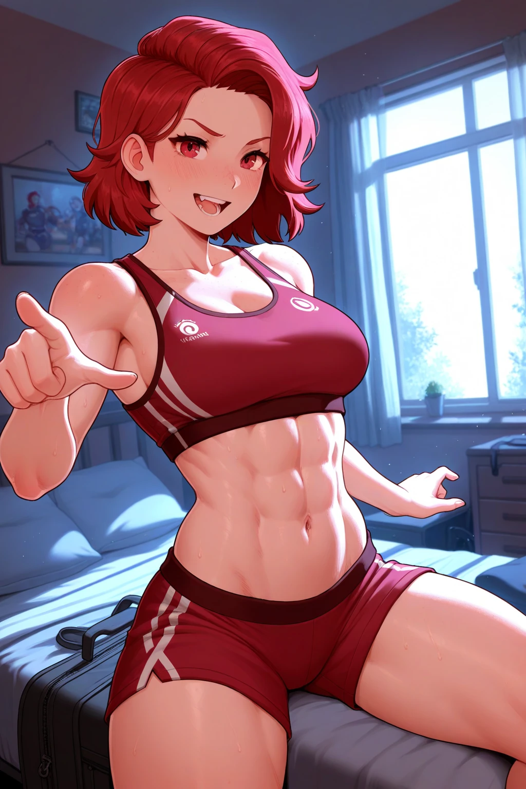 score_9, score_8_up, score_7_up, score_6_up, source_anime, BREAK masterpiece, <lora:VanessaKOF_V2:1> ,  VanessaKOF, red hair, short hair,  red sports bra, red yoga pants, midriff,  smile, close-up, gym, 1 girl, looking at viewer,  red lips, kneeling, cleavage, upper body,  arms behind head, open mouth