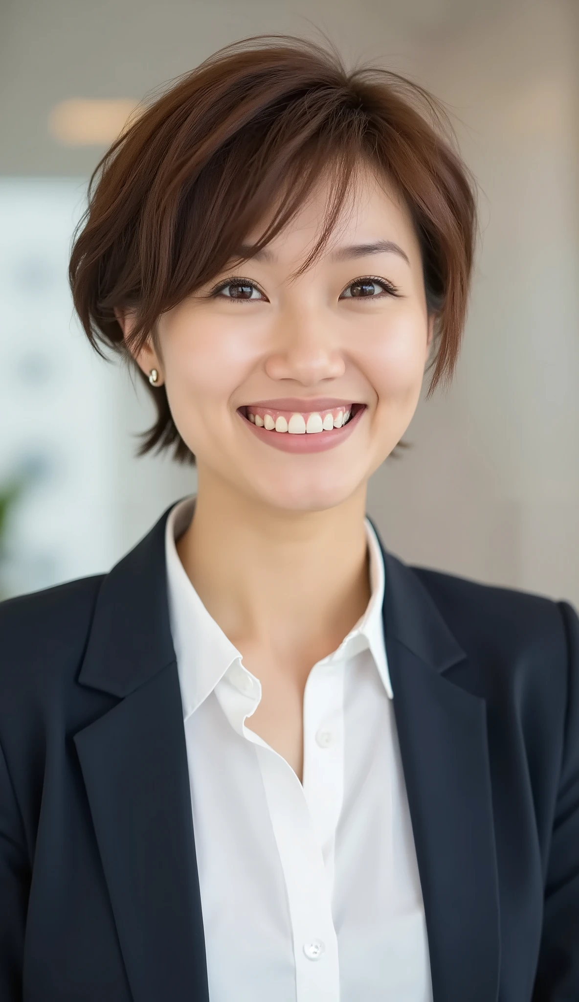 Neat Young Woman、looking at the camera、office lady suit、jacket、shirt、ear piercings、、 、hairstyle short hair、smile showing teeth、Big Smiles、face close-up、The background is office