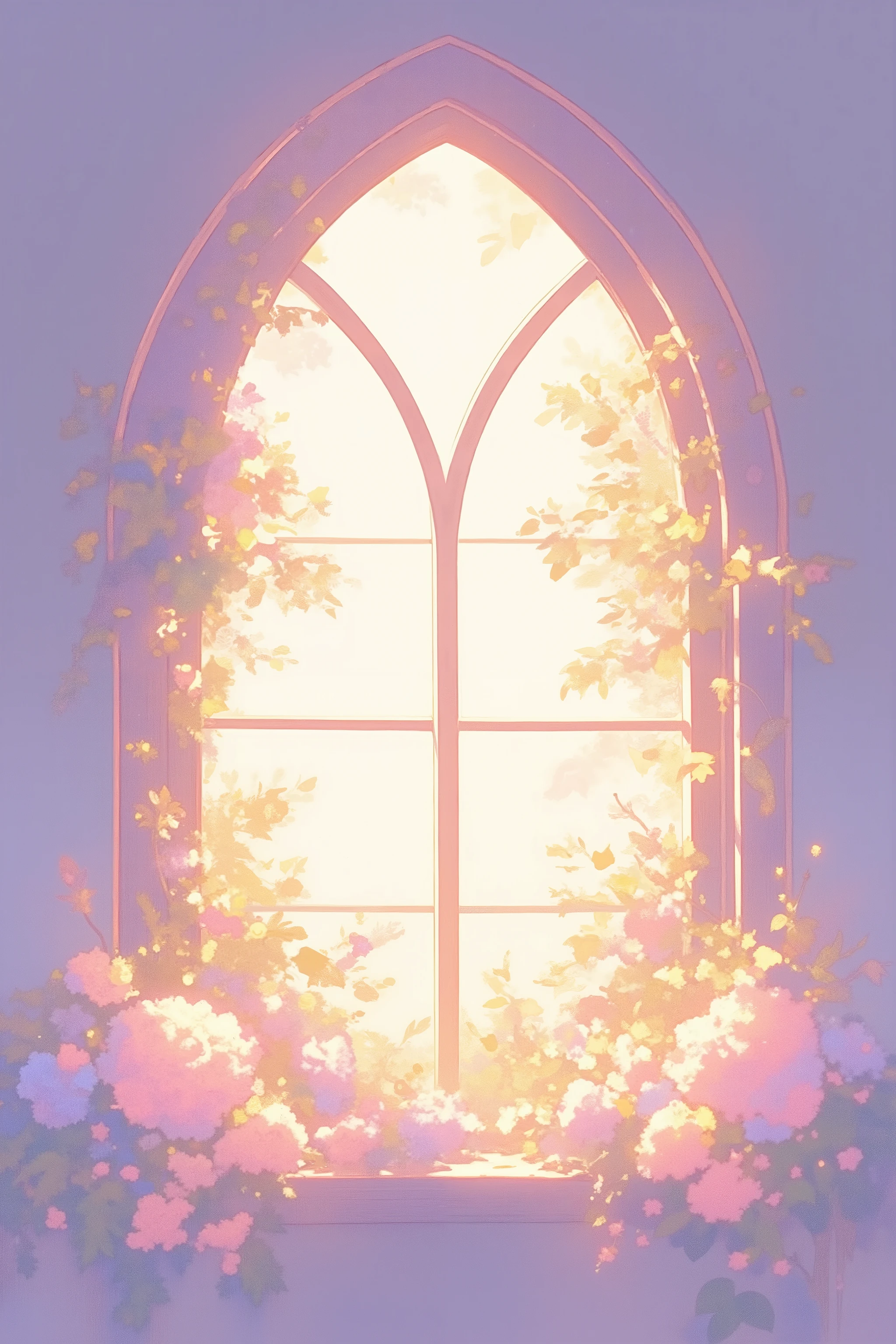  A pastel-colored, painterly church window scene with a large arched stain glass window,sunlight, showcasing a profusion of light pink, peach, and mauve flowers cascading down the windowsill and surrounding the frame, bathed in a soft, luminous light, in the style of a delicate, whimsical illustration. 
