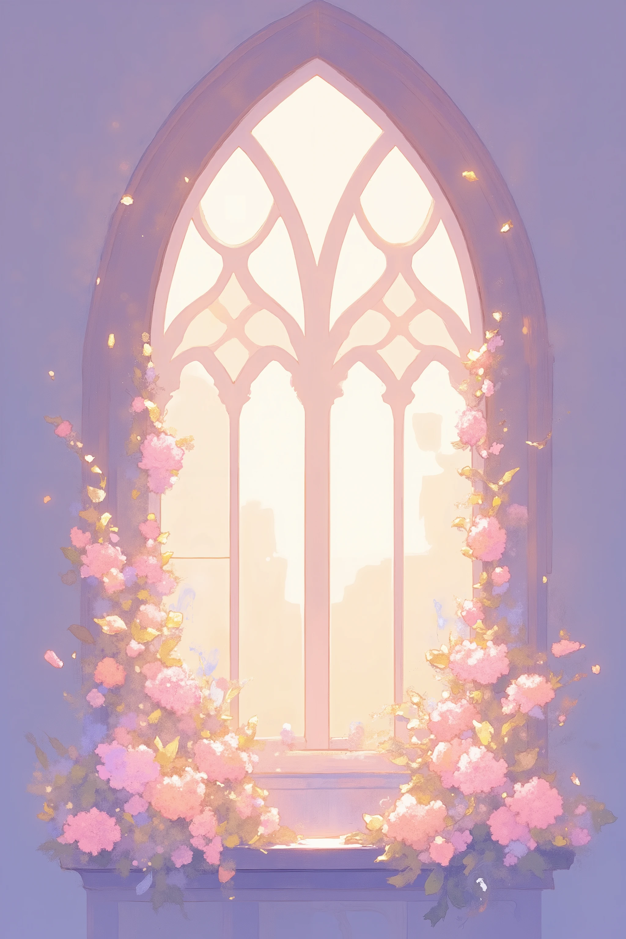 A pastel-colored, painterly church window scene with a large arched stain glass window,sunlight, showcasing a profusion of light pink, peach, and mauve flowers cascading down the windowsill and surrounding the frame, bathed in a soft, luminous light, in the style of a delicate, whimsical illustration.