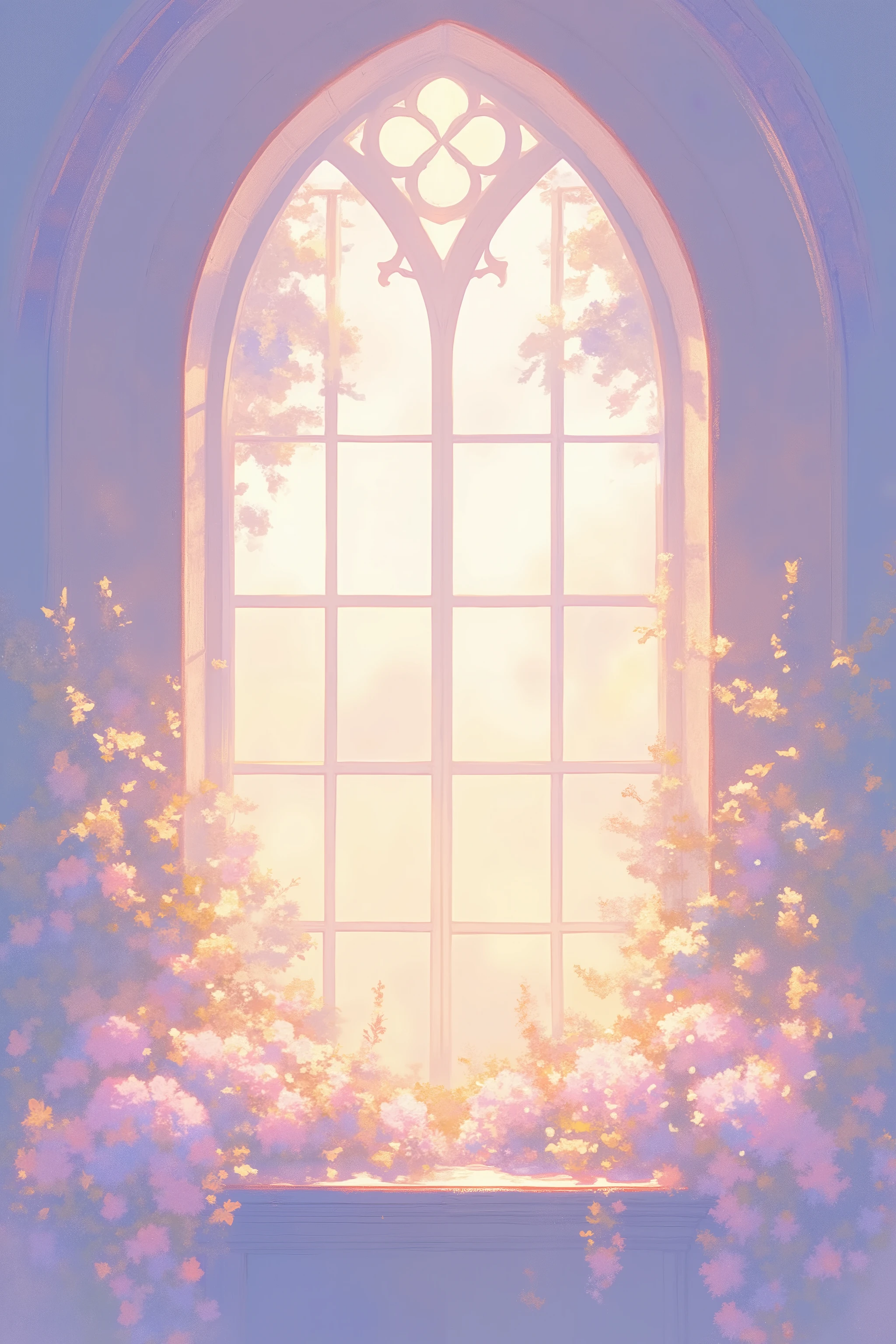 A pastel-colored, painterly church window scene with a large arched stain glass window,sunlight, showcasing a profusion of light pink, peach, and mauve flowers cascading down the windowsill and surrounding the frame, bathed in a soft, luminous light, in the style of a delicate, whimsical illustration.
