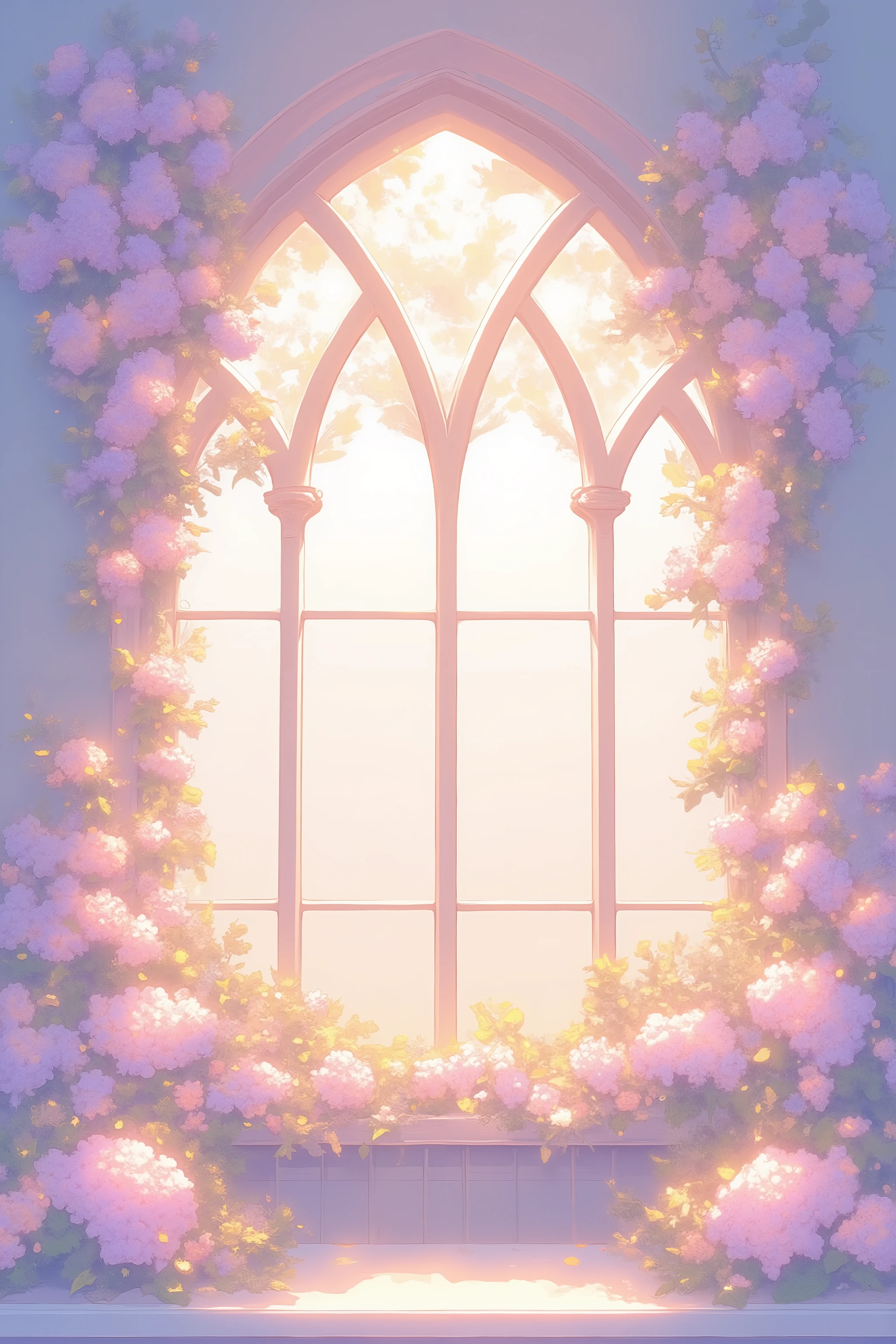  A pastel-colored, painterly church window scene with a large arched stain glass window,sunlight, showcasing a profusion of light pink, peach, and mauve flowers cascading down the windowsill and surrounding the frame, bathed in a soft, luminous light, in the style of a delicate, whimsical illustration. 
