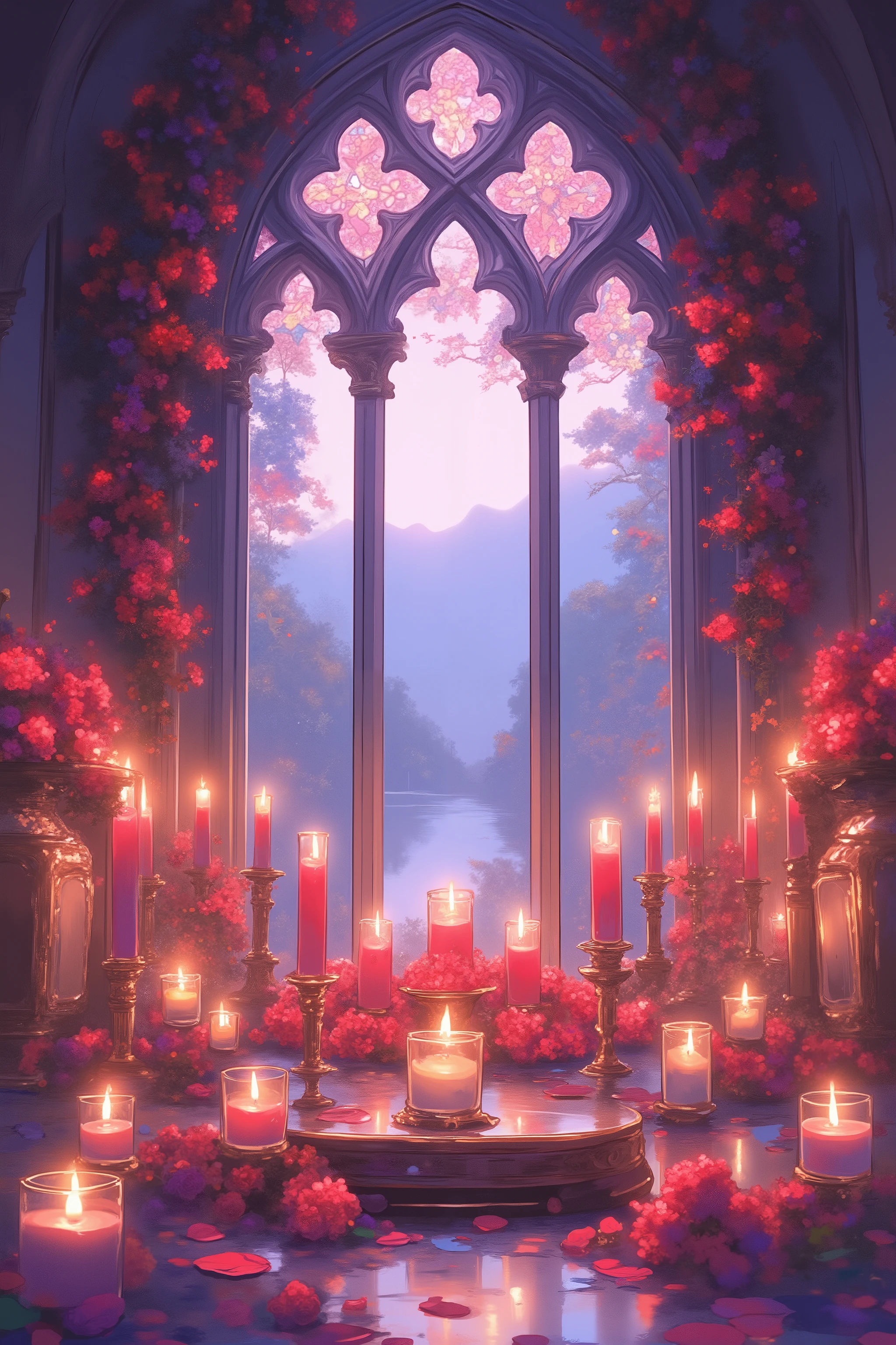 A romantic, detailed digital painting of a gothic window with stained-glass red and dark blossoms, adorned with numerous lit red candles in antique-gold candle holders, reflecting on a polished surface, with softly falling flower petals and a serene mountain and lake scene beyond the window; emphasizing soft, pastel colors, intricate details, and a dreamy, ethereal light.