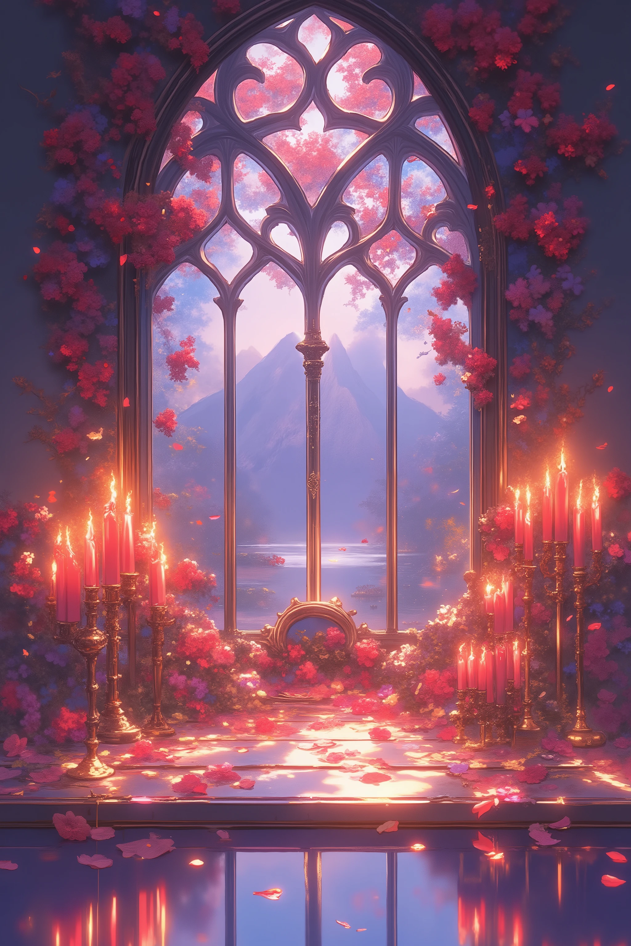 A romantic, detailed digital painting of a gothic window with stained-glass red and dark blossoms, adorned with numerous lit red candles in antique-gold candle holders, reflecting on a polished surface, with softly falling flower petals and a serene mountain and lake scene beyond the window; emphasizing soft, pastel colors, intricate details, and a dreamy, ethereal light.