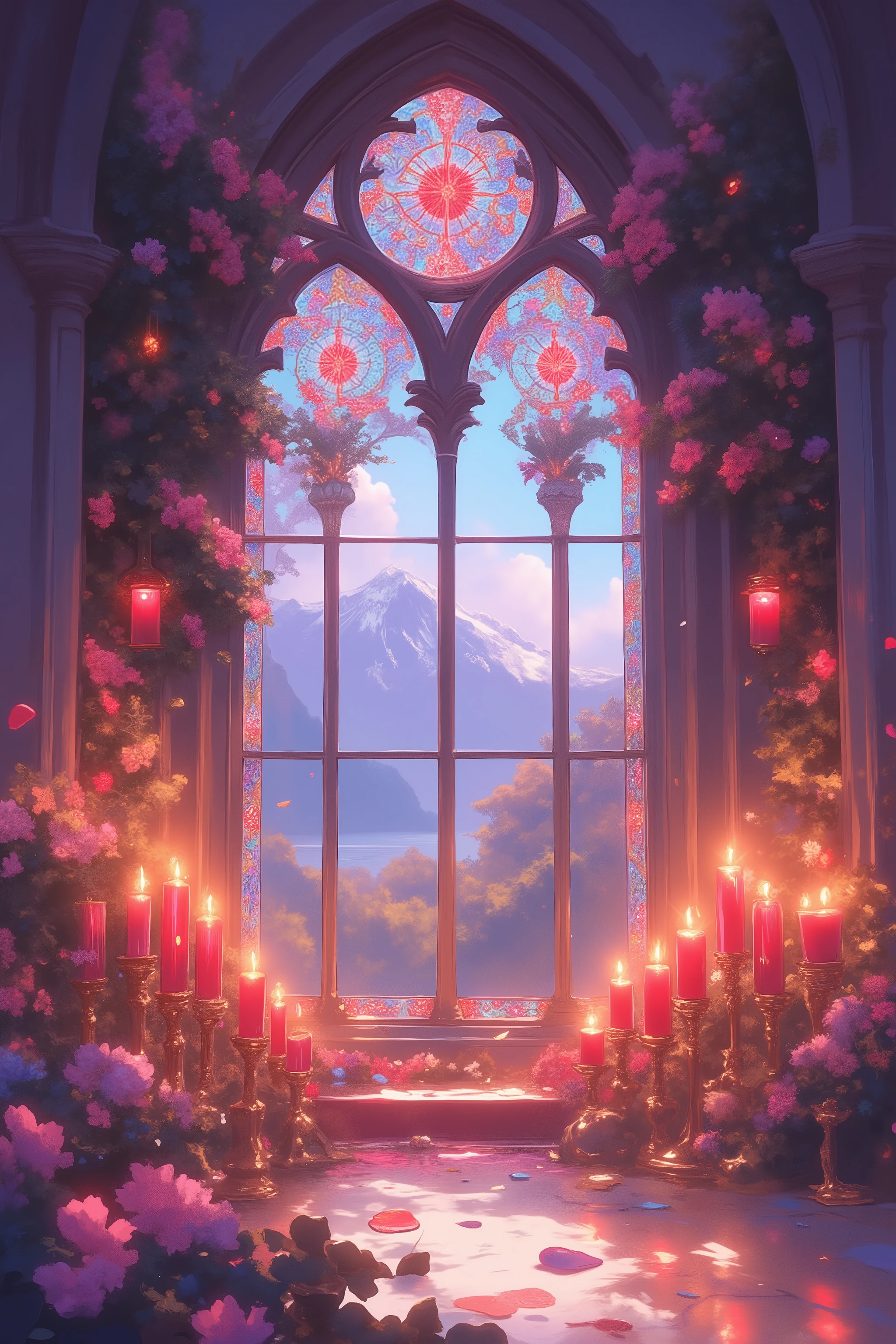 A romantic, detailed digital painting of a gothic window with stained-glass red and dark blossoms, adorned with numerous lit red candles in antique-gold candle holders, reflecting on a polished surface, with softly falling flower petals and a serene mountain and lake scene beyond the window; emphasizing soft, pastel colors, intricate details, and a dreamy, ethereal light. 
