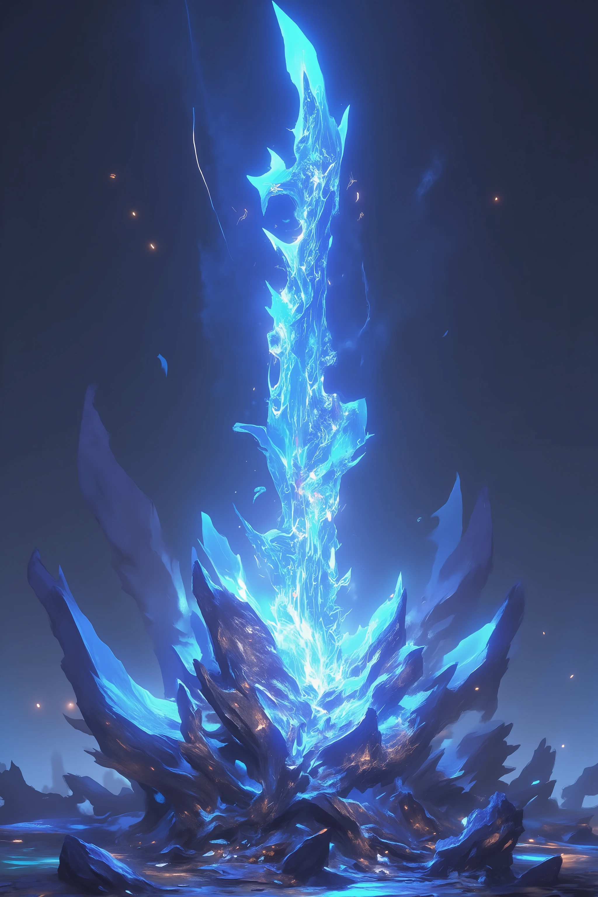 [[a frozen electroluminescent fantasy sword stuck in a stone, neon light, neo-tribal art, intricate details, digital enhancing, bokeh