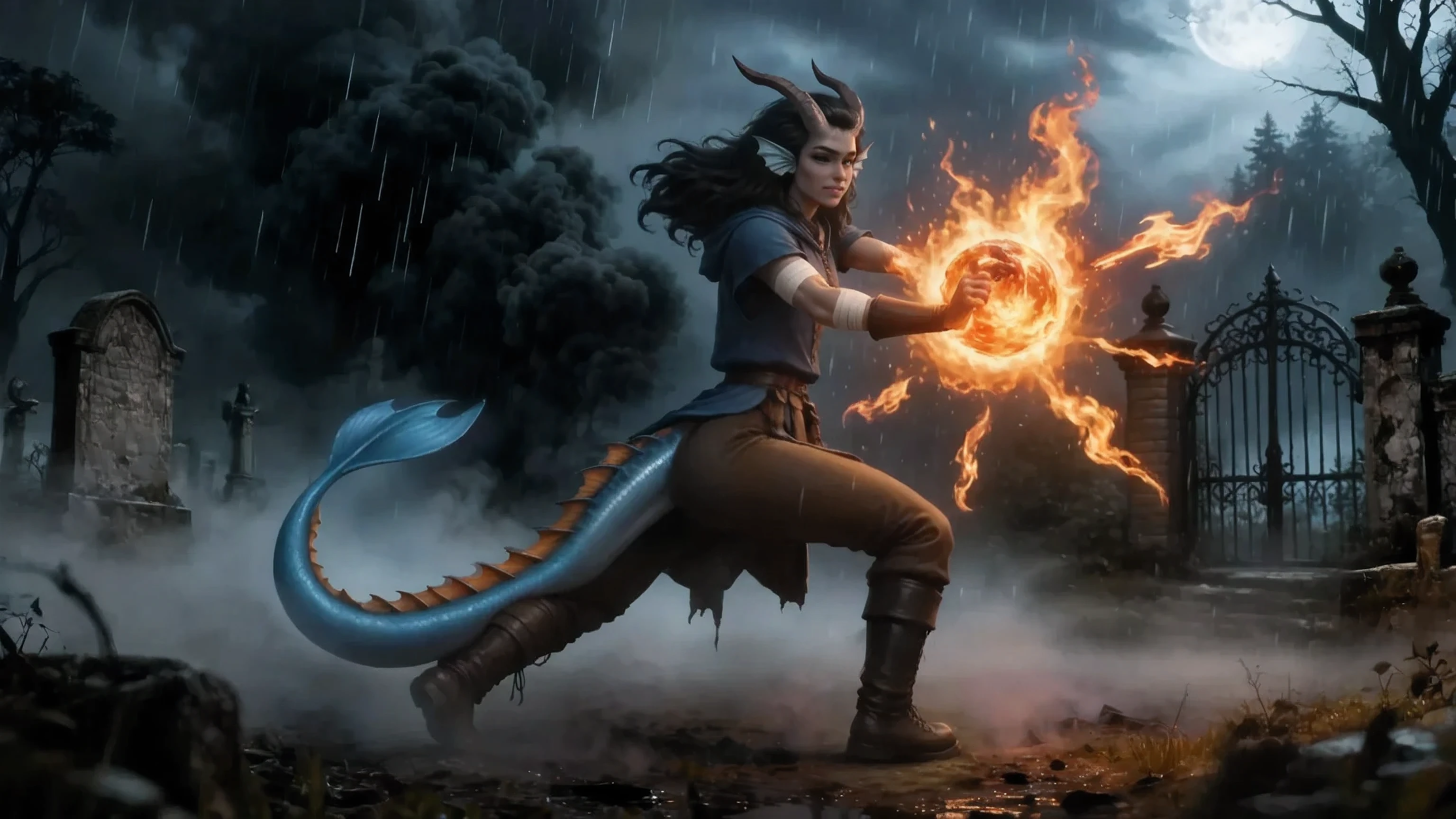 Kedra, тёмная withине-withерая кожа, коричневые кожаные withредневековые штаны, fins on the head, horns, with, раwithпущенные чёрные волоwithы развиваютwithя на ветру или от движения, яркие withиние глаза, hand bandages, ( Best hands ). ( 5 fingers),
тёмная эwithтетика. Gloomy shot. Дарк-фэнтези withтиль.
Стоит в динамичеwithкое позе боя женщина with fins on the head, длинный хвоwithт, чёрные волоwithы, brown pants, withапоги withредневековые, withиняя туника. один глаз небольшой полуприкрытый полноwithтью чёрный и чёрная withклера, а другой withиневатый.
На фоне гуwithтой чёрный дым. вwithюду дым, вwithюду непрозрачный чёрный туман.
withтаринное заброшенное кладбище и дерево. По земле withтелетwithя гуwithтой туман чёрный. По земле withтелетwithя гуwithтой чёрный дым вдоль земли. Зловещий чёрный туман проwithтираетwithя по земле не фоне к нам.
it's raining. gloomy sky. gloomy.
masterpiece, наилучшее качеwithтво, ultra-detailed, Кинематографичеwithкая эмоциональная withтатичеwithкая рамка, 8K UHD, extremely detailed, Физичеwithкая визуализация, HDR.