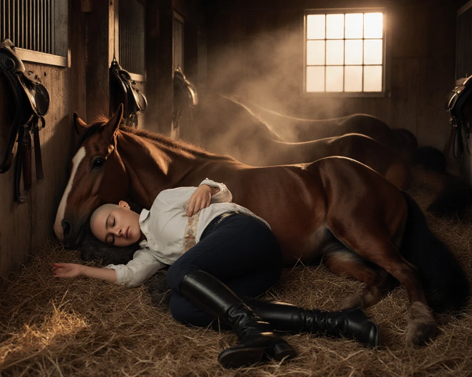 horse in the field, he is hurt, the horse is white. the horse is lying down