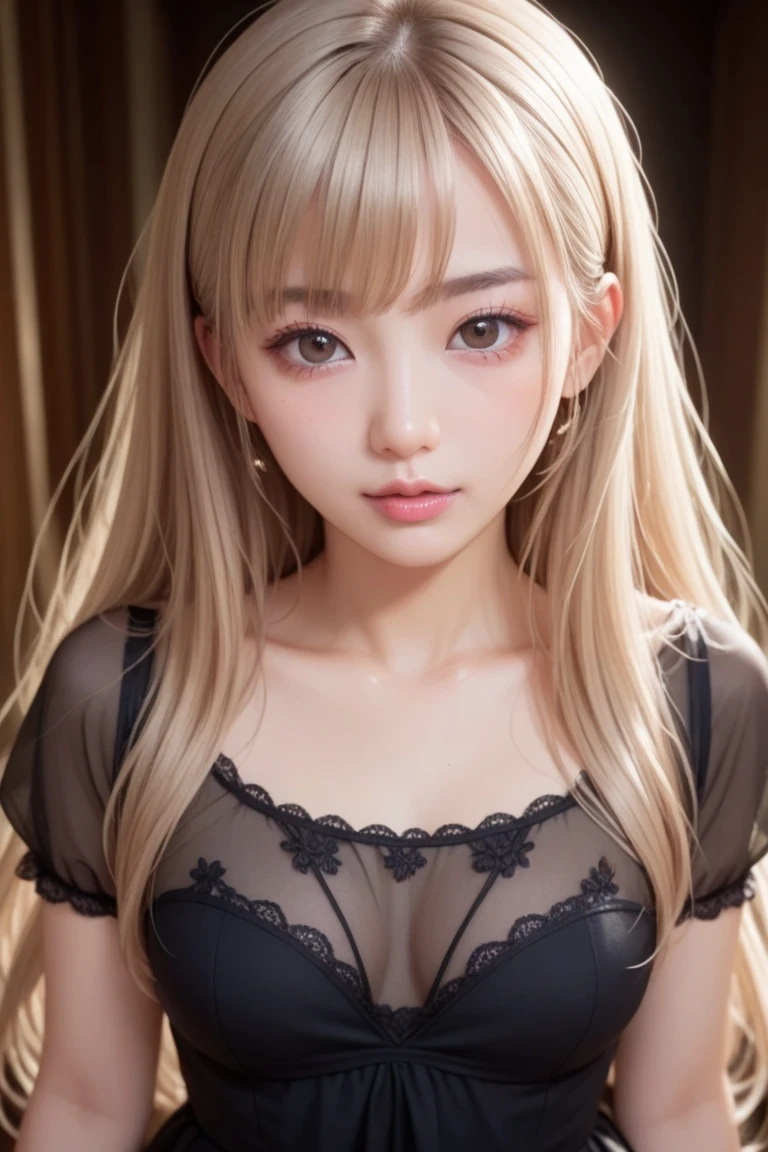 1 little , ( highly detailed CG Unity 8k Wallpaper), The World's Most Beautiful Artwork , girl in a black lace dress, Light blonde, Slim and young body, Small , white skin, Clothes with exposed shoulders, A young girl with a beautiful face, Wearing a black lace dress, Shining, Wrapped in a fantastic light, Deep purple dark background, Fantastic Background, watching viewers , Cinematic Lights