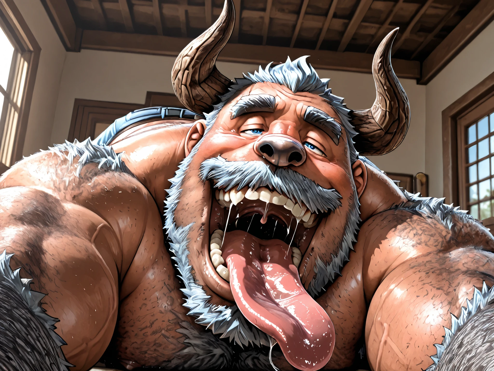 hairy, oso pig, has horns，chubby,  thick arms ， strong muscles ，chubby face， Black eyebrows，sky blue eyes，beard， ironic smile ,   chest and belly  ,  ，lie down， Sunlight ,    opens its big mouth and sticks out its thick and wide tongue,  tongue with a lot of saliva, Open your mouth huge   ,    there's a lot of saliva in your mouth  , Open your mouth huge   ,  sticks out all his tongue  ,  your tongue is big and covered with saliva ,   he has too much saliva in his mouth   , abre su boca gigante y  sticks out all his tongue   ancha,  your tongue is huge and too wide  ( imagen 4k) ( imagen 3D) ( hombre ingresa su cabeza dentro de la boca del gorila) ( lengua con muchísima saliva)