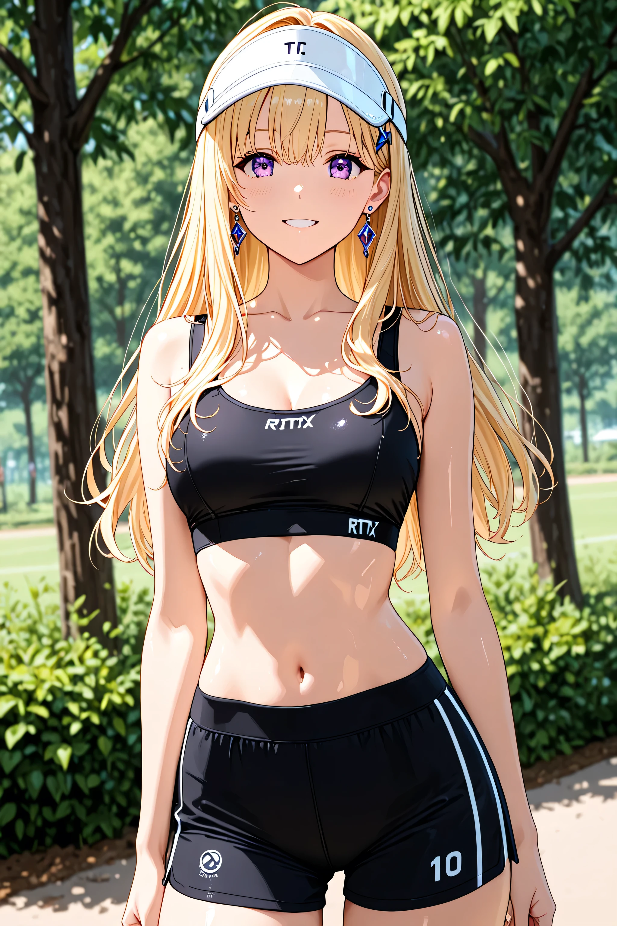 1girl, solo, KJOsaki, blonde hair, purple eyes, long hair, hair ornament, earrings, sidelocks,l, black sports bra, white visor cap, Parks, trees,
,, .
,..
,( masterpiece, best quality, high resolution, ultra high resolution, pixel perfect, depth of field, 4K, RTTX10.0), 、、shiny hair, beautiful eyes,smiling face , , (fine grain), , ,, (masterpiece:1.2, best quality), ((only1 girl,solo)), (( cowboy shot)),