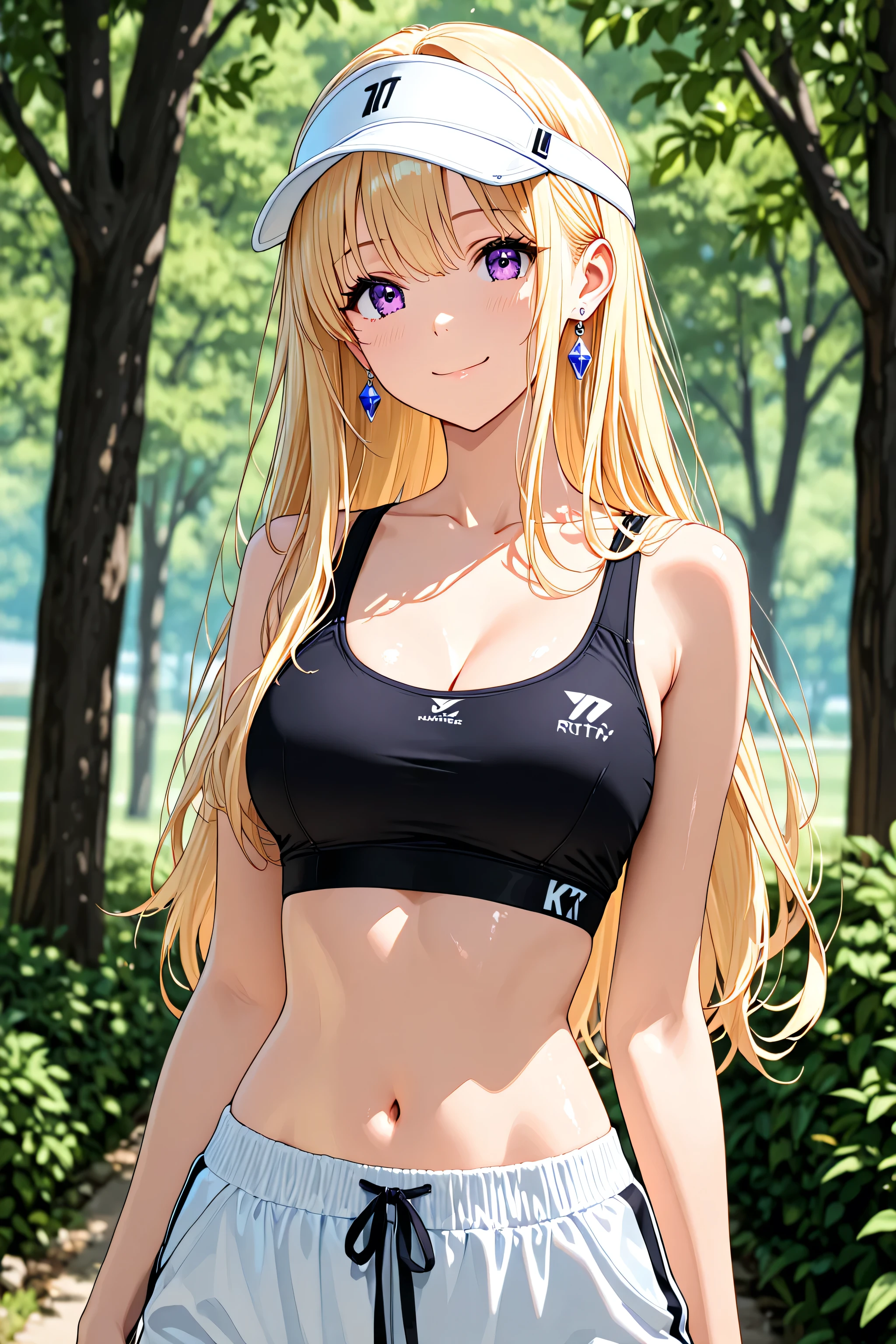 1girl, solo, KJOsaki, blonde hair, purple eyes, long hair, hair ornament, earrings, sidelocks,l, black sports bra, white visor cap, Parks, trees,
,, .
,..
,( masterpiece, best quality, high resolution, ultra high resolution, pixel perfect, depth of field, 4K, RTTX10.0), 、、shiny hair, beautiful eyes,smiling face , , (fine grain), , ,, (masterpiece:1.2, best quality), ((only1 girl,solo)), (( cowboy shot)),