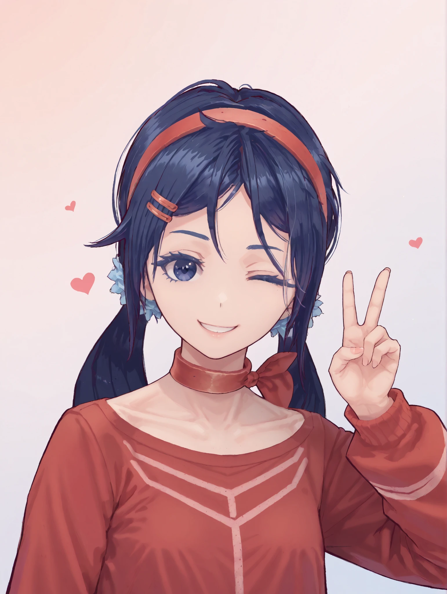 Mita from Miside, Red and Blue gradient background, gradient background, abstract background, one eye closed, smile, looking at viewer, ✌️ sign, peace sign with fingers