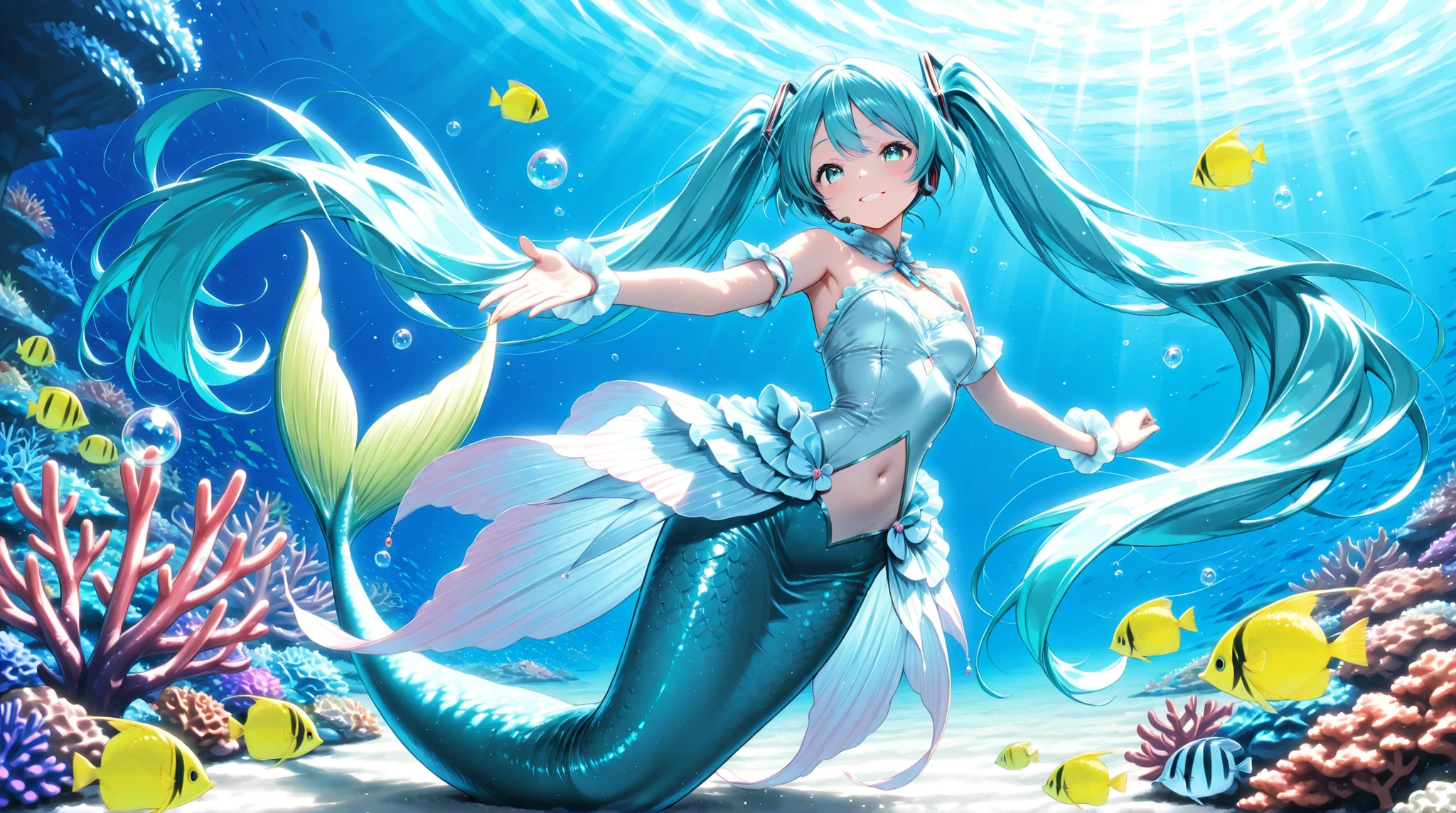 Hatsune Miku transformed into a mermaid、透明な海中で優雅に dance、long light blue twin tails、Sparkling green fish tails、The upper body is designed so that traditional Hatsune Miku costumes can be arranged、floating hair、small tropical fish and bubbles around them、beautiful coral reef background dancing in the ocean、Light that illuminates the seabed、 Wonderful blue light、high resolution、Underwater Photo Wind、Fantasy Art、beautiful pose、 has a gentle smile 、 dance、full body