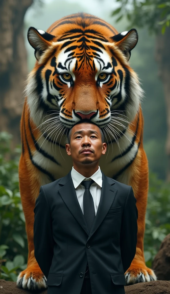 
Ultra-realistic full-body portrait of an Asian plus-size model in a formal gray blazer and wide-leg pants, standing in front of a massive elephant in the mist. Empowering and graceful. Vertical 9:16.