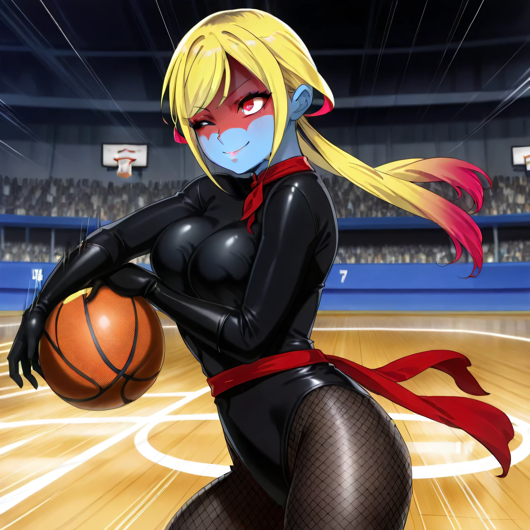 (((Masterpiece))), (((Best Quality))), ((Super Detail)), ultra-High resolution, score_9,score_8_up,score_7_up,score_6_up,score_5_up,score_4_up, BREAK, source_anime, anime screencap, uncensored, Masterpiece, (best shadow), (absurdres), (detailed background), (very aesthetic), detailed beautiful eyes, outstanding, an exquisite animation illustration, curvy, highres, dark persona, empty eyes, blank eyes, shocker, black leotard, latex elbow gloves, brown fishnet pantyhose, blue skin, colored skin, red sash, makeup, shaded face, red skin, (((solo, 1girl))), hair ornament, seductive pose, submissive pose, anime style, anime coloring, animification, megami magazine, sexy pose, medium breast, Kusunoki Aroma, hair ribbons, two-toned hair, blonde hair, red eyes, basketball, playing basketball, dynamical pose, smile, wink, looking ahead, holding basketball, looking from side, view from side, from side, speed line, motion line, running, serious, night,