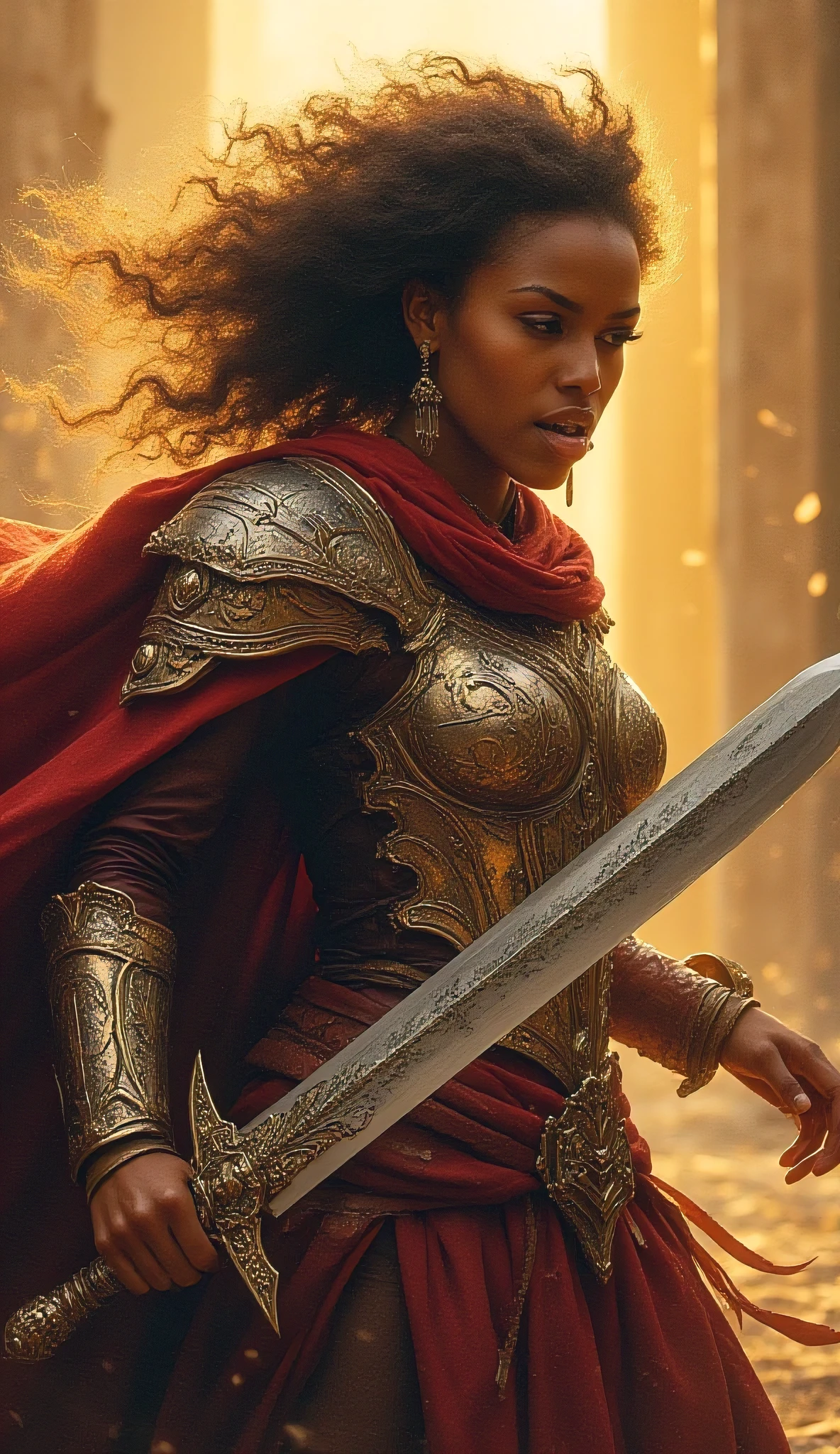 A African American woman who freely handles a huge, majestic sword,A heroic costume with a cape as an accent,Pose as if shouting for advance,realistic facial features,dynamic movement,History reference,Golden Lights,Dramatic color ,Rich Details,large canvas, Oil Painting ,Realistic details,top quality,4K resolution,professional-grade,Intense color,vibrant expression,Exuberant atmosphere