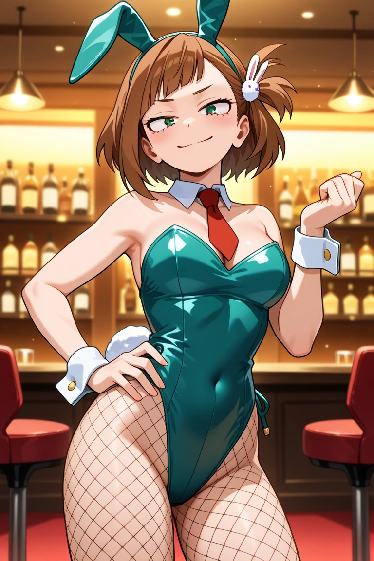 1girl in、hight resolution、​masterpiece、DQ6 Barbara、High Ponytail、Jewelry、earrings、A slender、Short stature、Orange hair、DQJESTER、fake rabbit ears、Blue leotard、bowtie、pantyhose、Wrist cuffs、Black_pantyhose、a bar counter、Lots of liquor bottles、Smiling smile