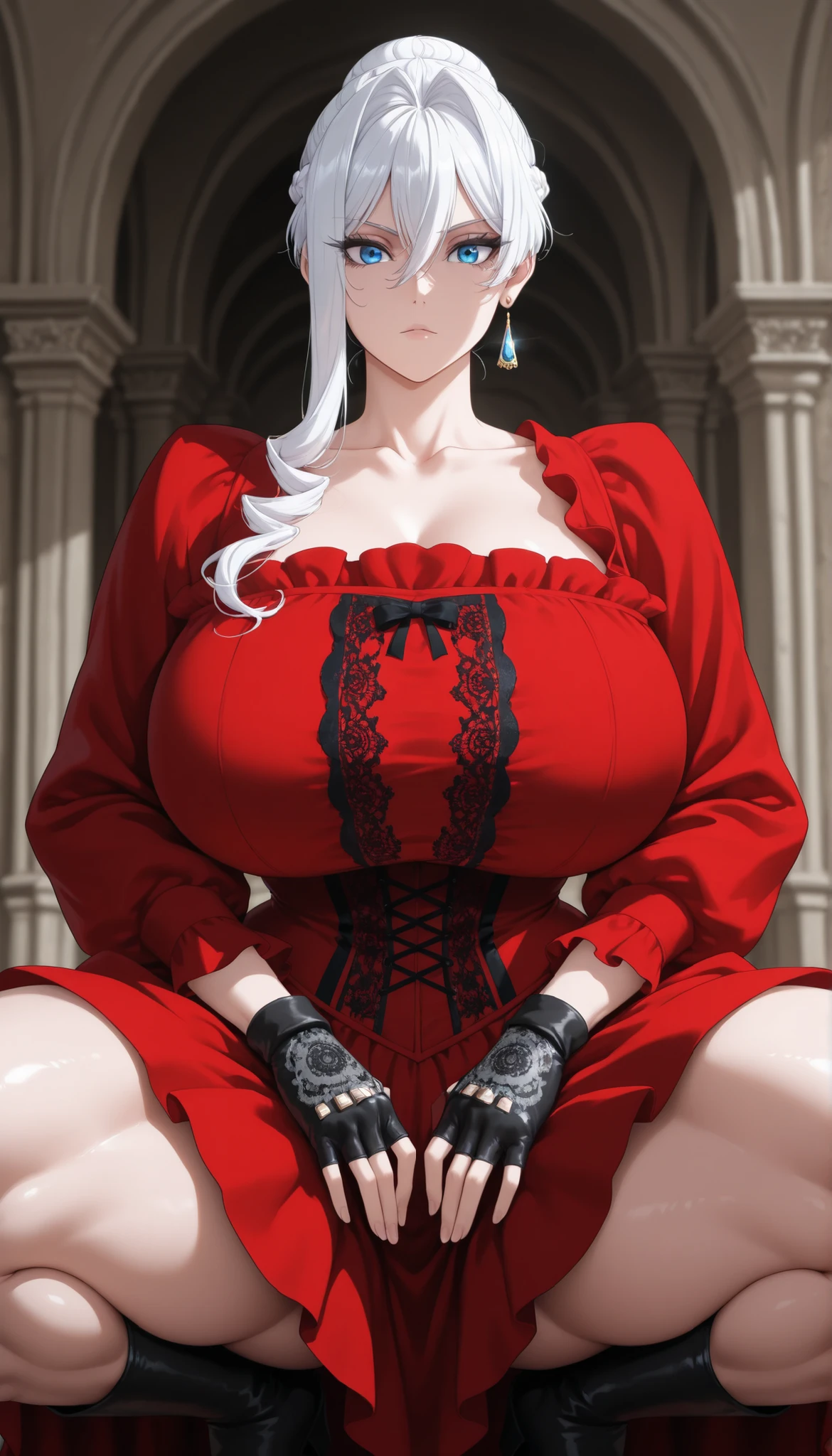 white hair, long hair, braid, braided bun, single hair bun, hair between eyes, blue eyes, 1girl, solo, earrings, jewelry, collarbone, looking at viewer 
fingerless gloves, black gloves, , thick muscular thighs, wide curvy , voluptuous body, Curvy body, thicc woman, victorian dress red, red corset, red skirt, red dress, long sleeves, earrings, collarbone, in squats position, front view 