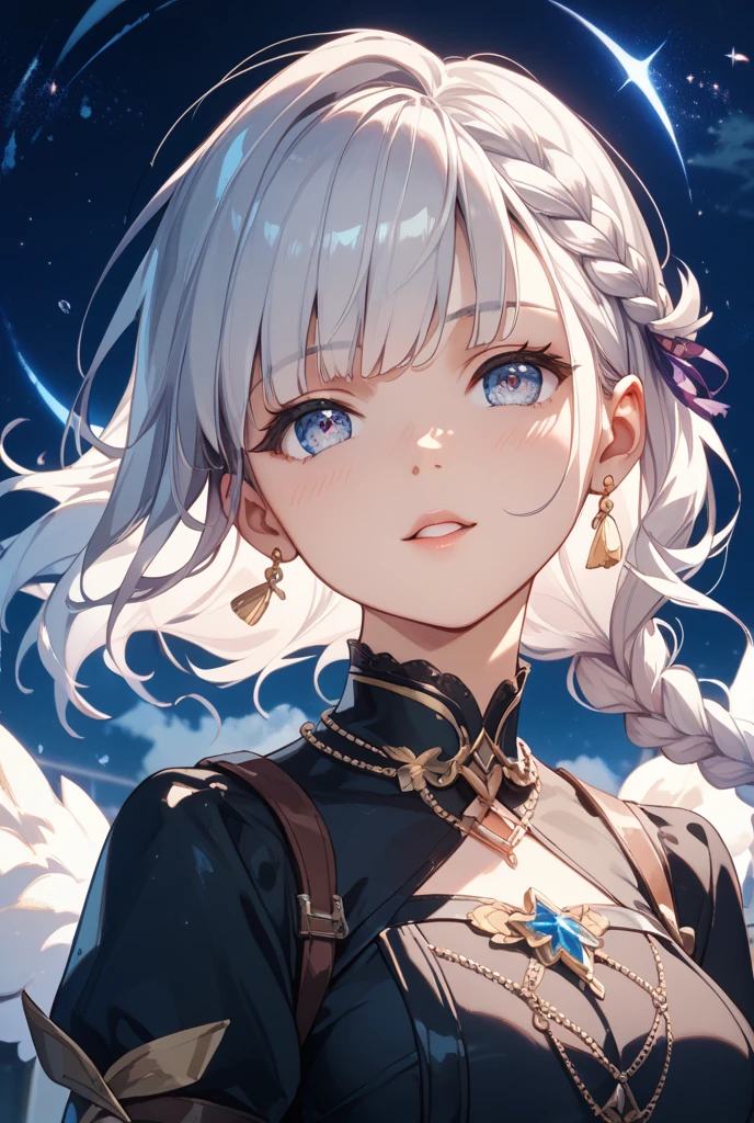 (CG extremamente detalhado, melhor qualidade:1.1), 1 garota,  enormes, rosto perfeito, Alunos brilhantes, (lindos olhos finamente detalhados:1.1), pele brilhante, pele brilhante, quadris largos, cintura estreita, cabelo longo, cabelo loiro, olhos vermelhos, decote, luvas pretas, coxas pretas, fur trim, vestir, Ombros nus, cintas-liga, Gargantilha, fenda lateral, Salto Alto Branco