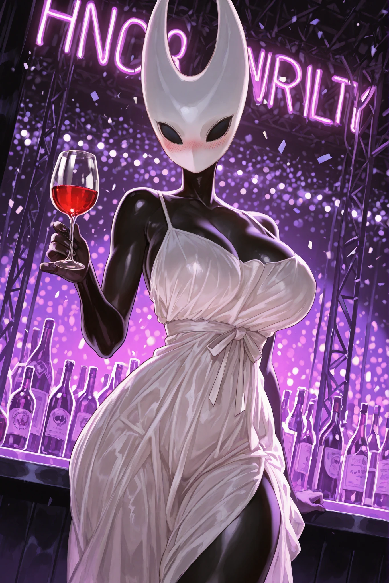 Masterpiece, Best quality, 1 girl, Hornet (Hollow Knight), white mask, , smooth black body, elegant pose, large hips, mega-large breasts, soft lighting, white sundress, woman in the spotlight, contrast lighting, side lighting, masterpiece, best quality, novelty, absurd, high quality, stunning quality, very aesthetically pleasing, nightclub setting, cute eyes, lack of lines, cinematic, dynamic camera angle, solo, party, neon lights, diffused lighting, drunk, blush, hugging a glass of wine,