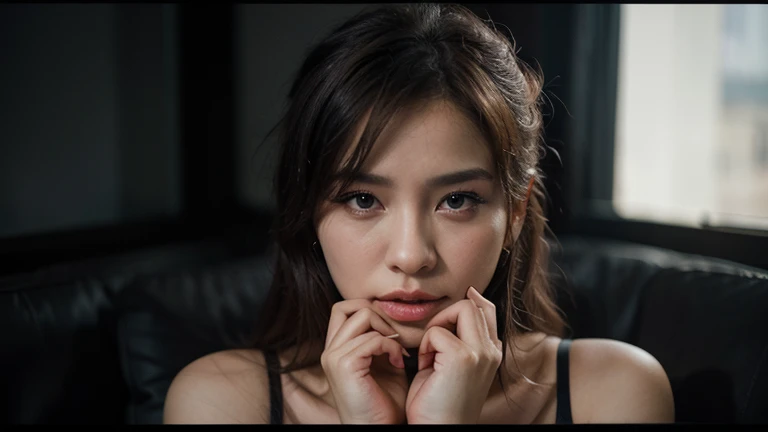 ((highest quality, 8K, Raw photo, masterpiece :1.3)), (realistic、Photoreal:1.37)、Super detailed、ultra high resolution, (professional lighting), alone, 1 female, alone, (30 years old), Japanese, Beautiful and dense face, shining eyes, brown eyes, (Thin：Weight 1.0) , Fine and beautiful skin, skin texture, , hairstyle: medium straight brown hair, girl,alone,Highly detailed beautiful face and eyes,looking at the viewer, (White Clock Top Shirt, Black , white lace ) ,( chamber, prison:1.5), , bed,, bound,(outstretched arm:1.3), bound  legs, bound wrists, breast , (spread your legs,bound thighs:1.5), (Liar, behind:1.5),cowboy shot, (Anger:0.9),(frown:1.4), (embarrassing,blush:1.3)《《《Women lift their skirts by themselves》》》