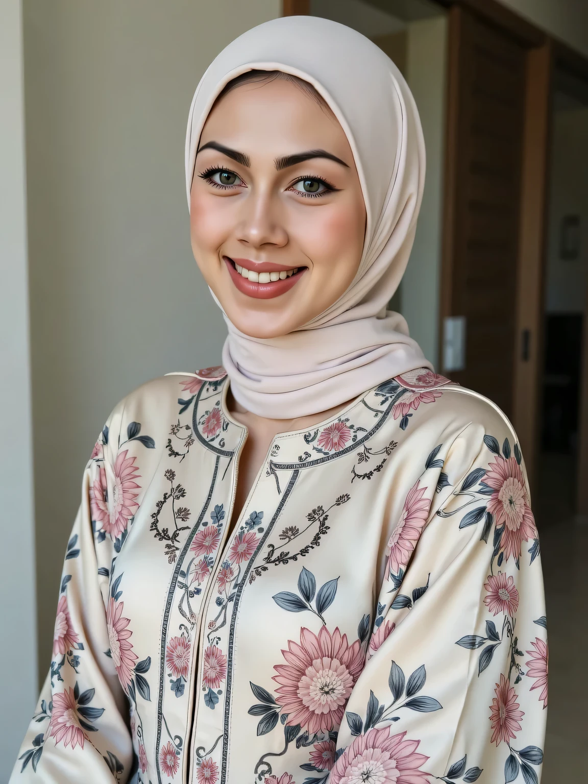 hyper HD, Masterpiece, Textured skin, 4K, Best quality of potrait a Beautiful asian woman white fairy skin wearing dress , close-up half body , happy vibes, beauty smile , open mouth showing teeth , smiling confident , huge breast , perfect hands , auto correct detail fingers.