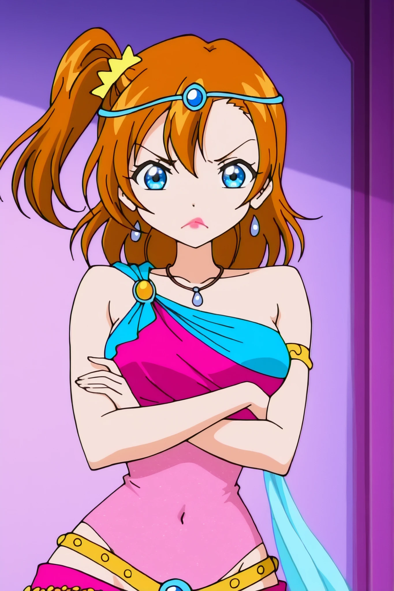 winx , 1girl, solo,anime screen cap, kousaka honoka, upper body, pink clothes, dancer, breast curtain,necklace,wide hip , lipstick, pouting , covered navel , lowleg,belt,(covered nipples:0.8), indoors , looking at viewer , crossed arms,circlet 