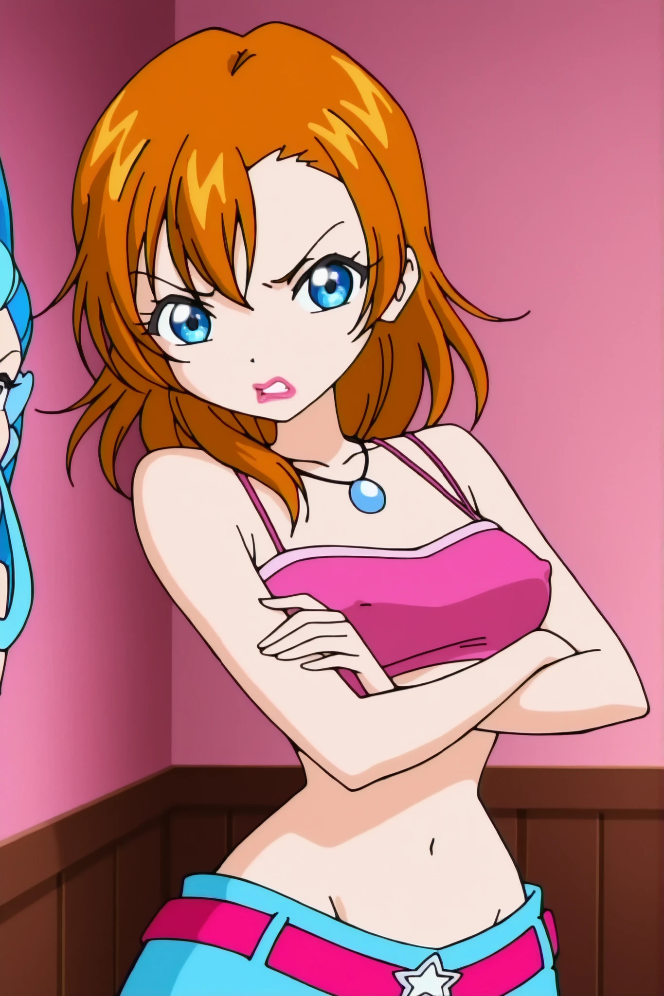 winx , 1girl, anime screen cap, kousaka honoka, upper body, pink tube top, spaghetti straps,necklace,wide hip , lipstick, upset , lowleg,belt,(covered nipples:0.8), indoors , looking at viewer , crossed arms ,big naval, naval focus 