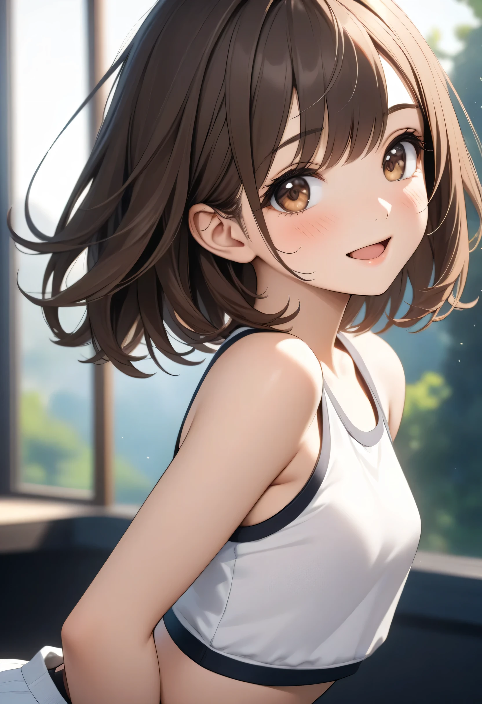 ((masterpiece, best quality, High resolution, UHD, perfect pixels , depth of field , 4k, RTX, hdr))), 1 girl, single, 14 years old, alone, medio cuerpo, beautiful anime girl , Beautiful Art Style, anime character , (( A light smile , open mouth, childish gaze, Short straight hair at the back of the neck , asymmetric bangs , dark brown hair , two small pins on one side of her head)), (brown eyes 1 .3, beautiful eyelashes ,), ( detailed face, blush: 1.1), (smooth texture: 0.6, realistic texture: 0.5, photorealistic: 1.1, anime cg style), beautiful small breasts, ( close up, looking at the spectator), Perfect body, (Esta de pie recargada sobre la ventana de una recamara, de brazos cruzados con la pose del pensador,), (viste blusa verde claro tipo deportiva)