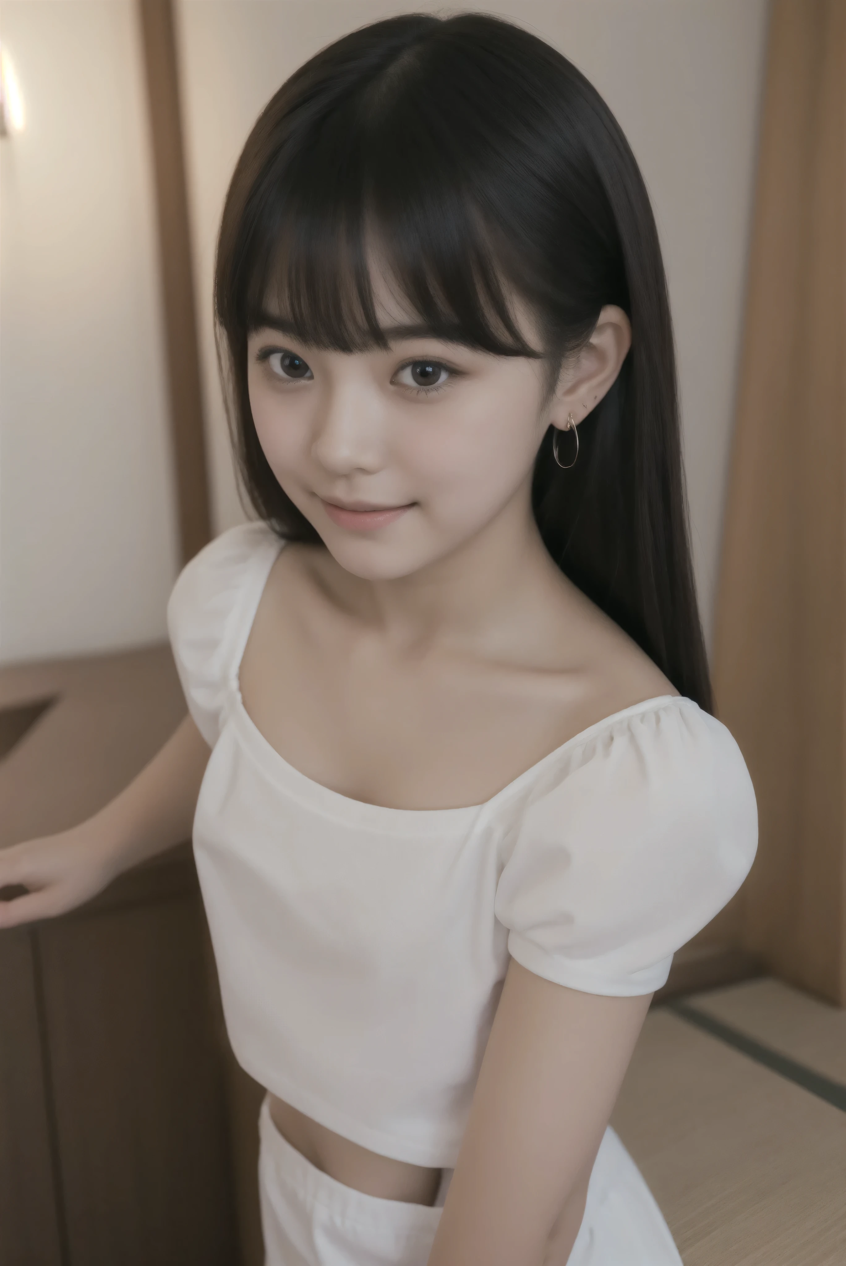 ( Expressing Maximum Joy with the Whole Body : 1.5),(  Dark Red Shiny School Bow on Her Chest  : 1.0),(16 year old cute japanese girl: 1.0),4K,かわいいyounger女の子,slender,short,skinny,slender body,younger,(cute earrings),(Neat Girly White Short Sleeve School Blouse: 1.0),(Big Clear Eyes  like a cute doll: 1.2),(Glossy lips: 1.0),( Painted Style by Giorgione : 0.8),(puff sleeve to put on the stomach),Realistic,(Long Lower Lashes: 1.0),( Detailed Textured Face: 1.2),Laugh cutely,( Taking You to Heaven : 1.0),small breasts,Geometry,japanese,(Highest Quality, masterpiece, high resolution:1.2),( White Clear Skin : 1.0),( Laughing Doll French 8 Year Old Girl's Eyes : 0.5),(Laughing Cheeks  : 1.0),( Beautiful Light Amber, Lovely, Big Clear Eyes , Cute with Attention to Details : 1.2),( Blades Under the Ears: 1.0),Narrow Shoulder